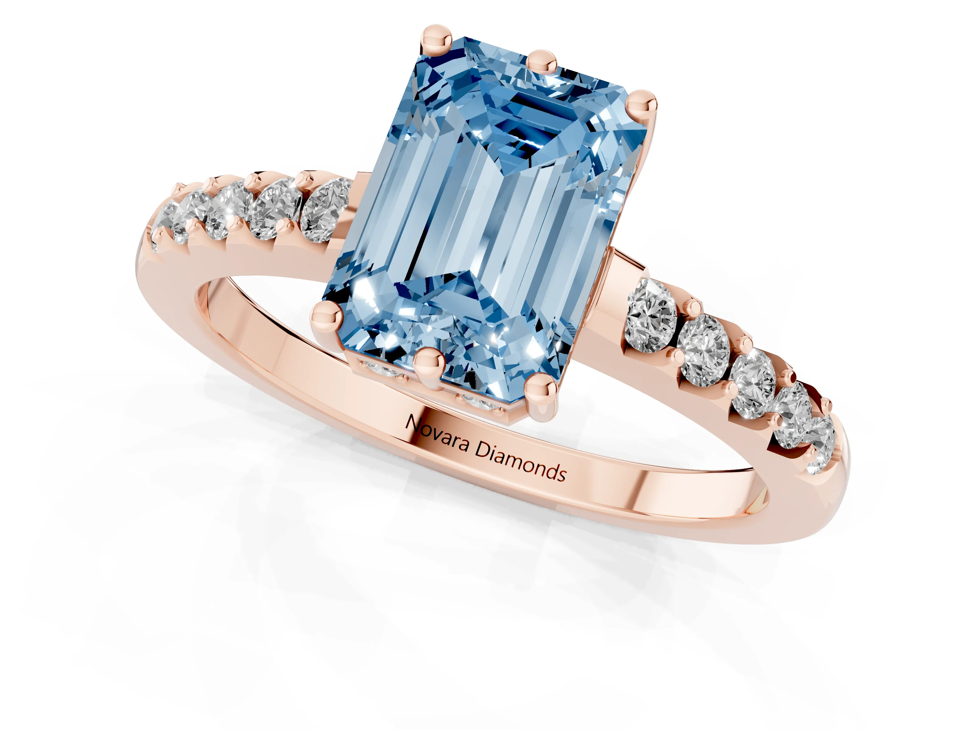 Fancy Blue Emerald Cut Diamond Solitaire Engagement Ring Set in Rose gold with Pavé Band and Prong Setting