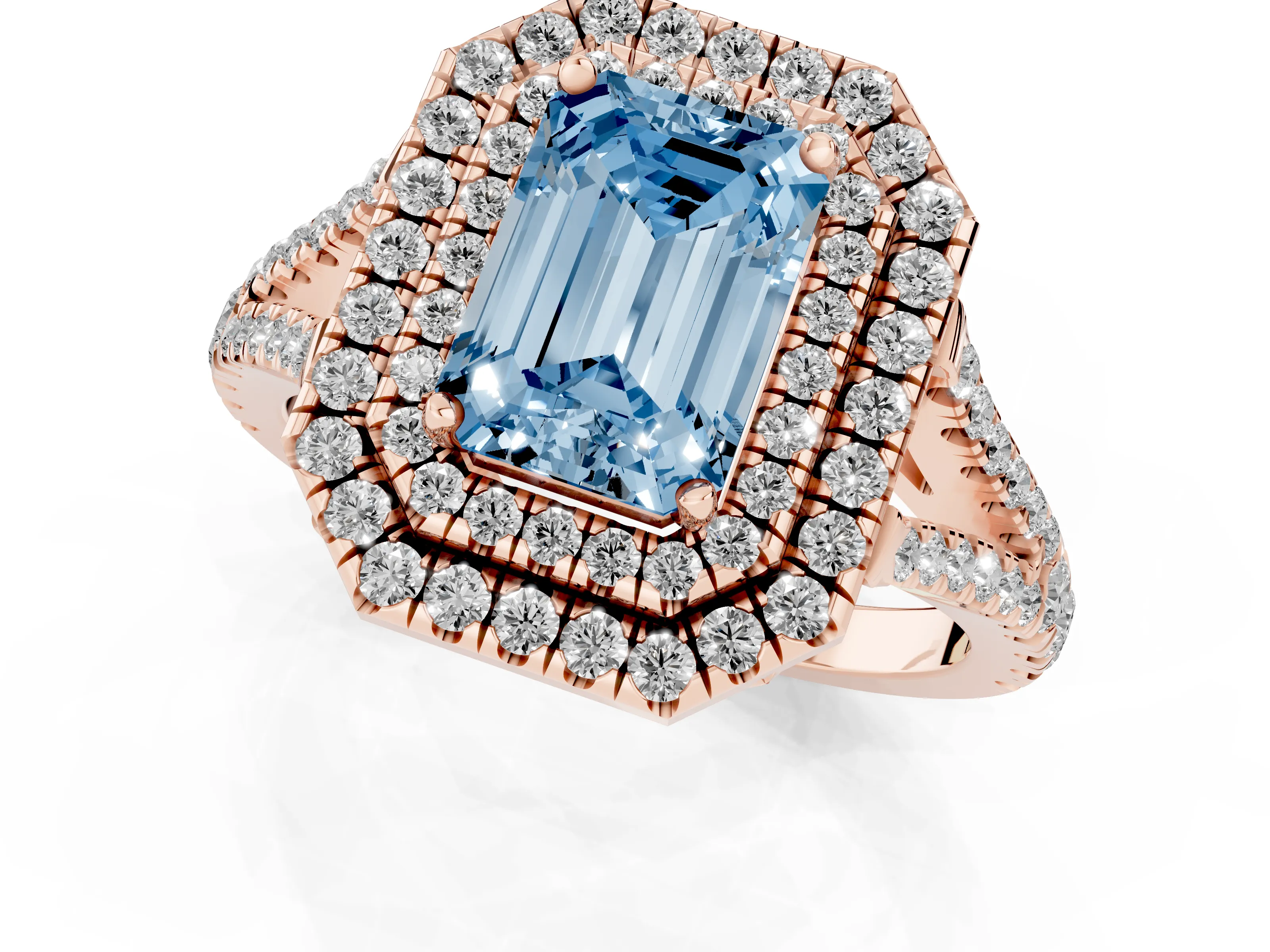 Fancy Blue Emerald Cut Diamond Double Halo Ring Set in Rose gold with Pavé Band