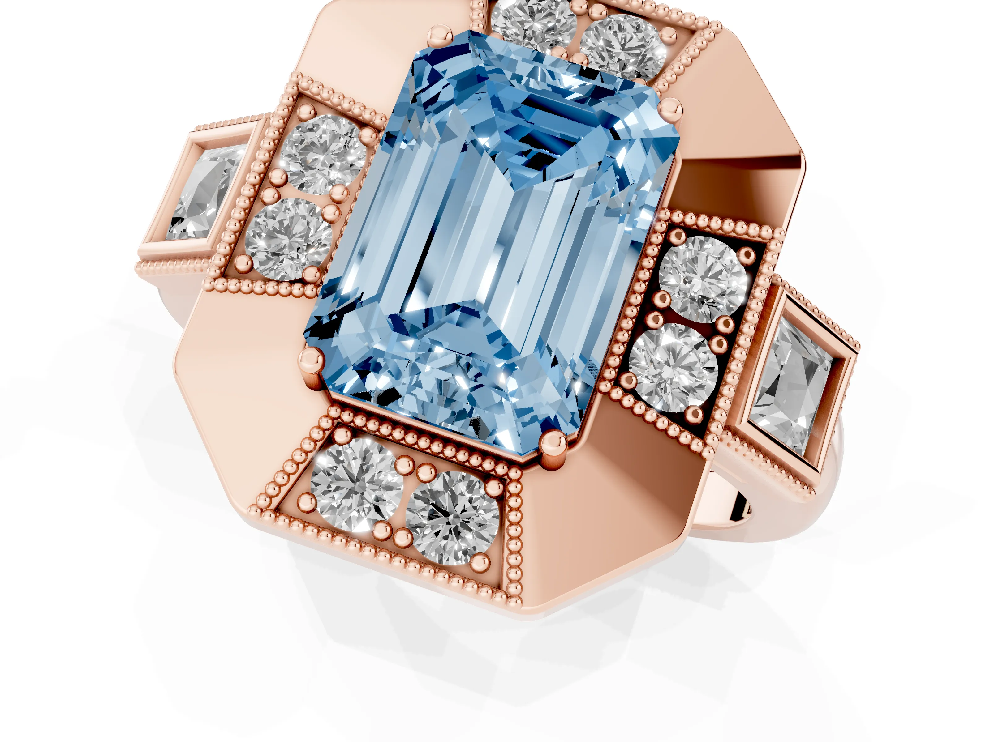 Fancy Blue Emerald Cut Diamond Milgrain Halo Ring Set in Rose gold with Split Shank