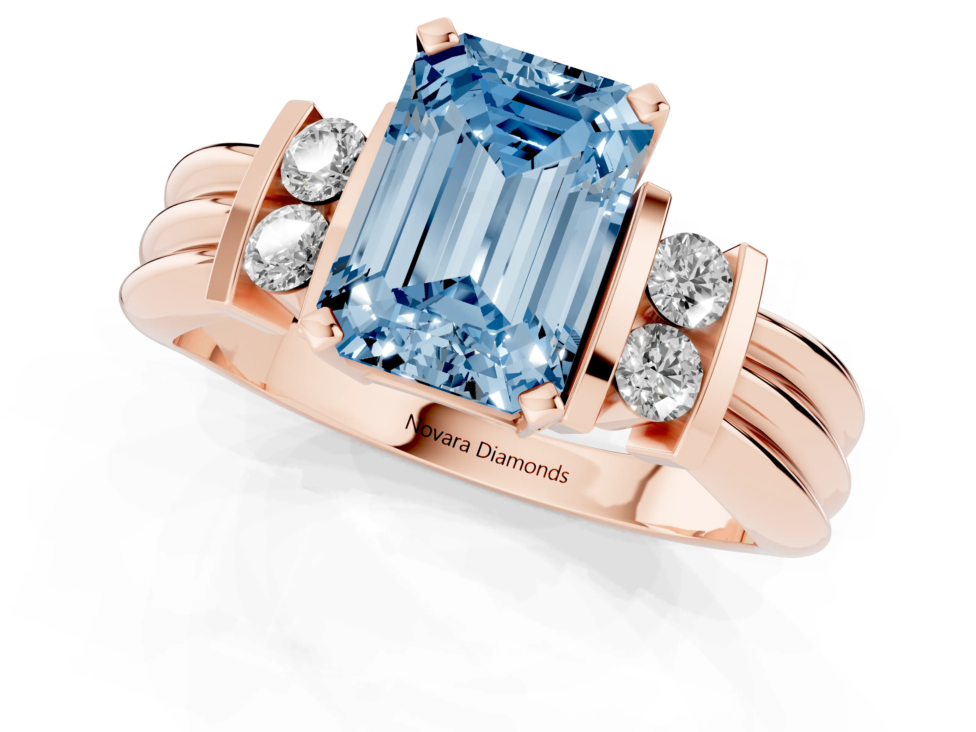 Fancy Blue Three-Stone Emerald Cut Diamond Channel Set Ring Set in Rose gold with Bar Prongs