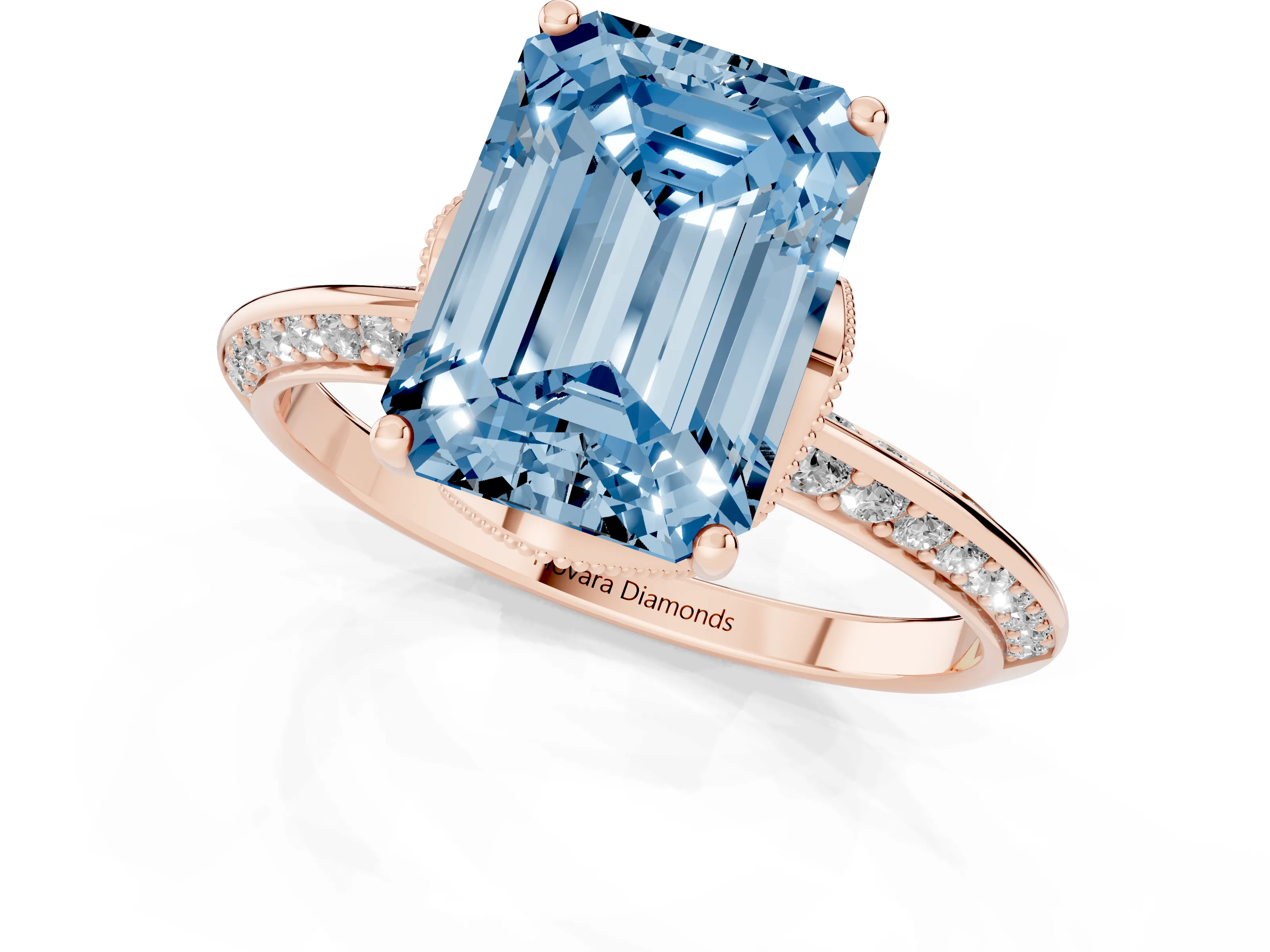 Fancy Blue Emerald Cut Diamond Solitaire Engagement Ring Set in Rose gold with Pavé Split Shank and Prong Setting