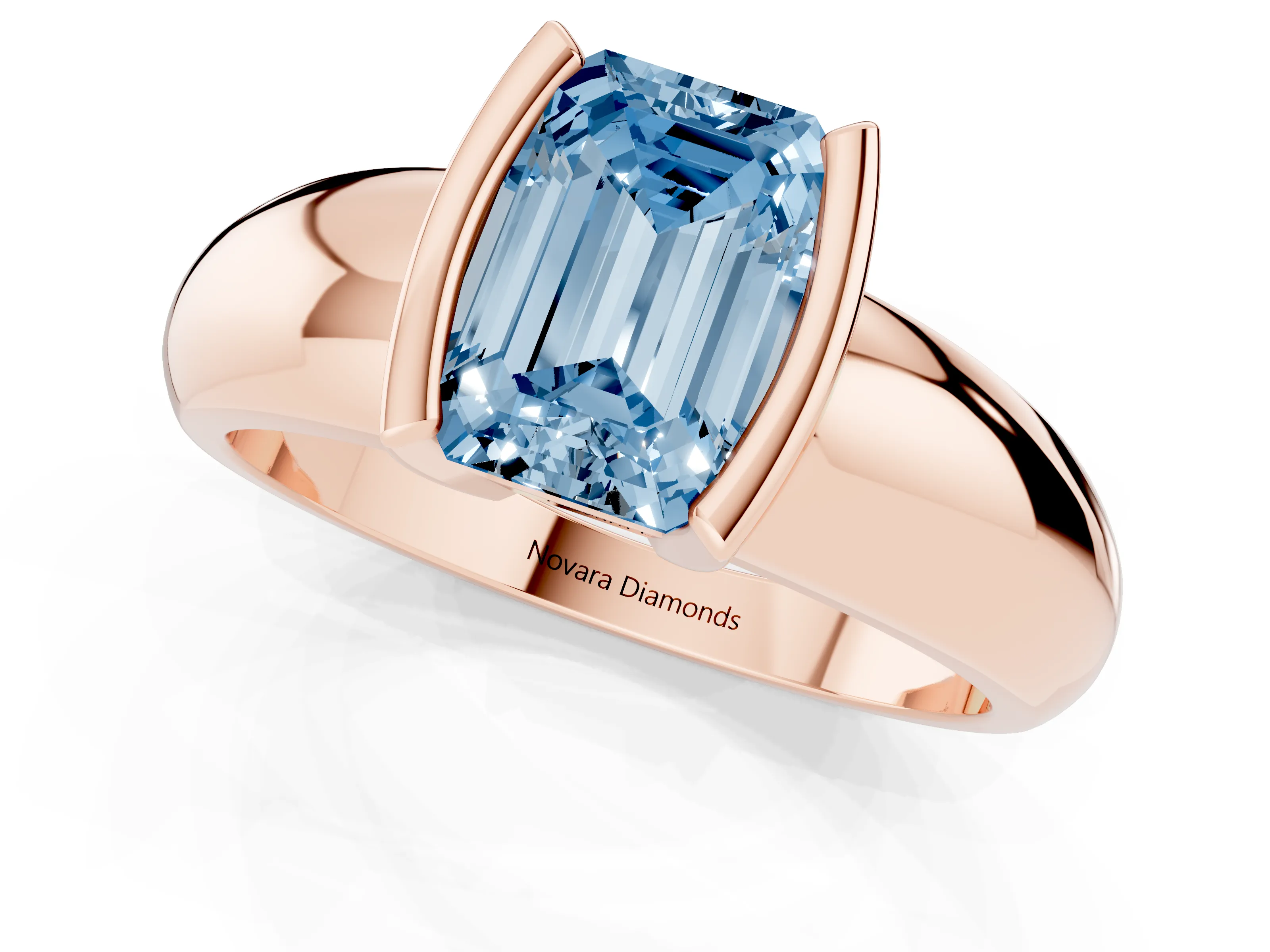 Fancy Blue Emerald Cut Diamond Solitaire Tension Set Ring Set in Rose gold with Wide Band
