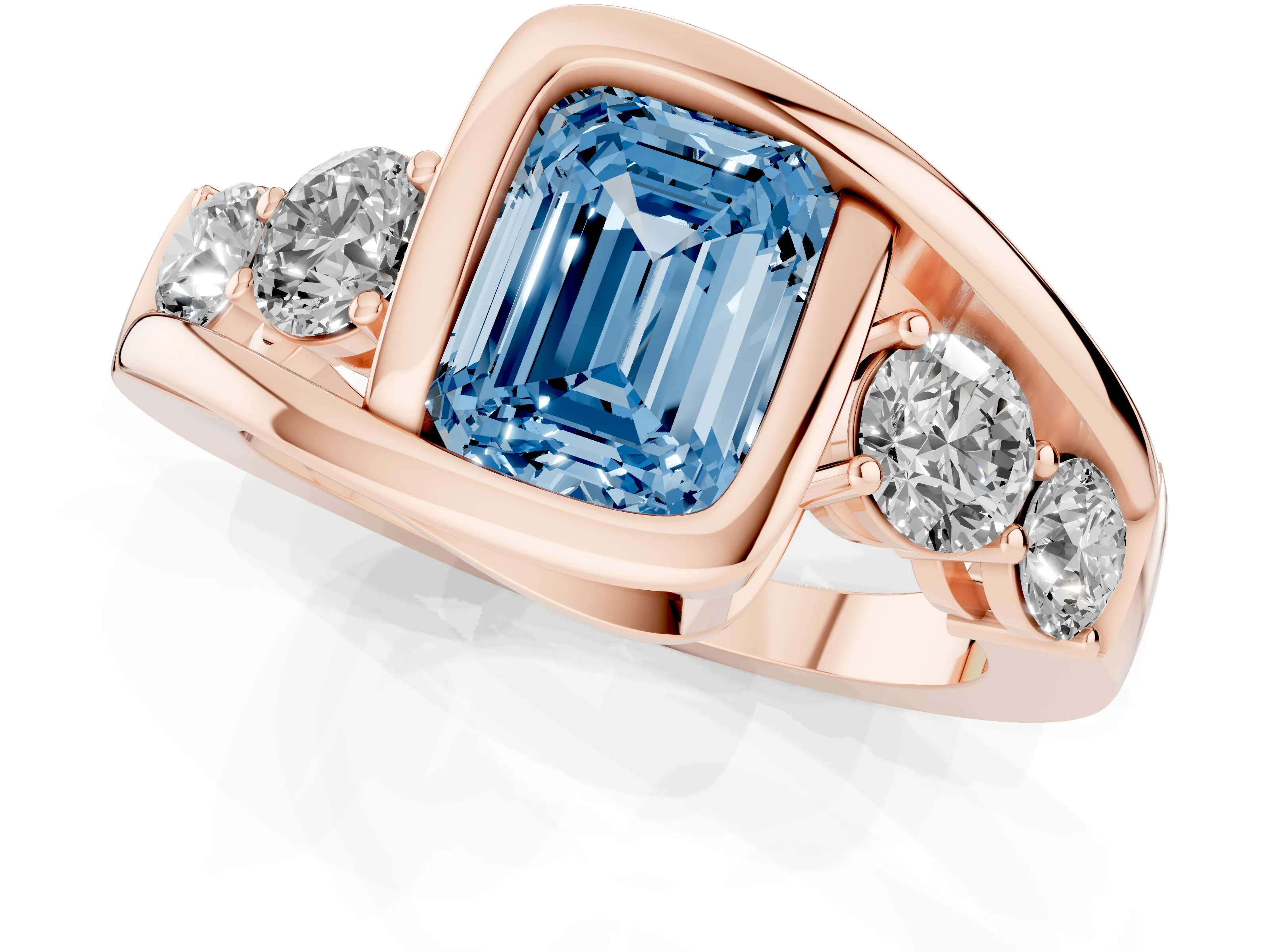 Fancy Blue Emerald Cut Diamond Bezel Bypass Ring Set in Rose gold with Round Accents