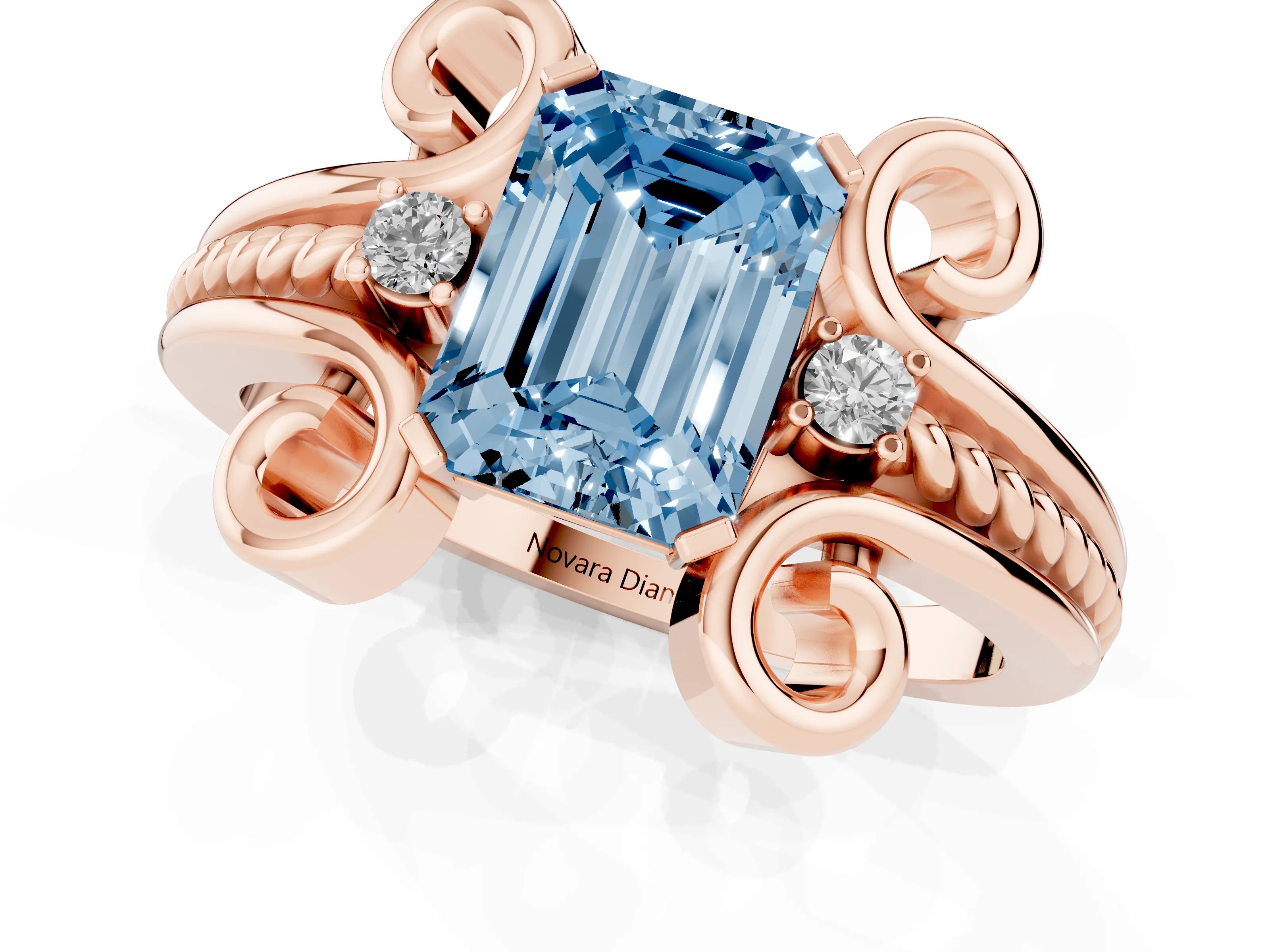 Fancy Blue Emerald Cut Diamond Twisted Band Solitaire Ring Set in Rose gold with Scroll Prongs