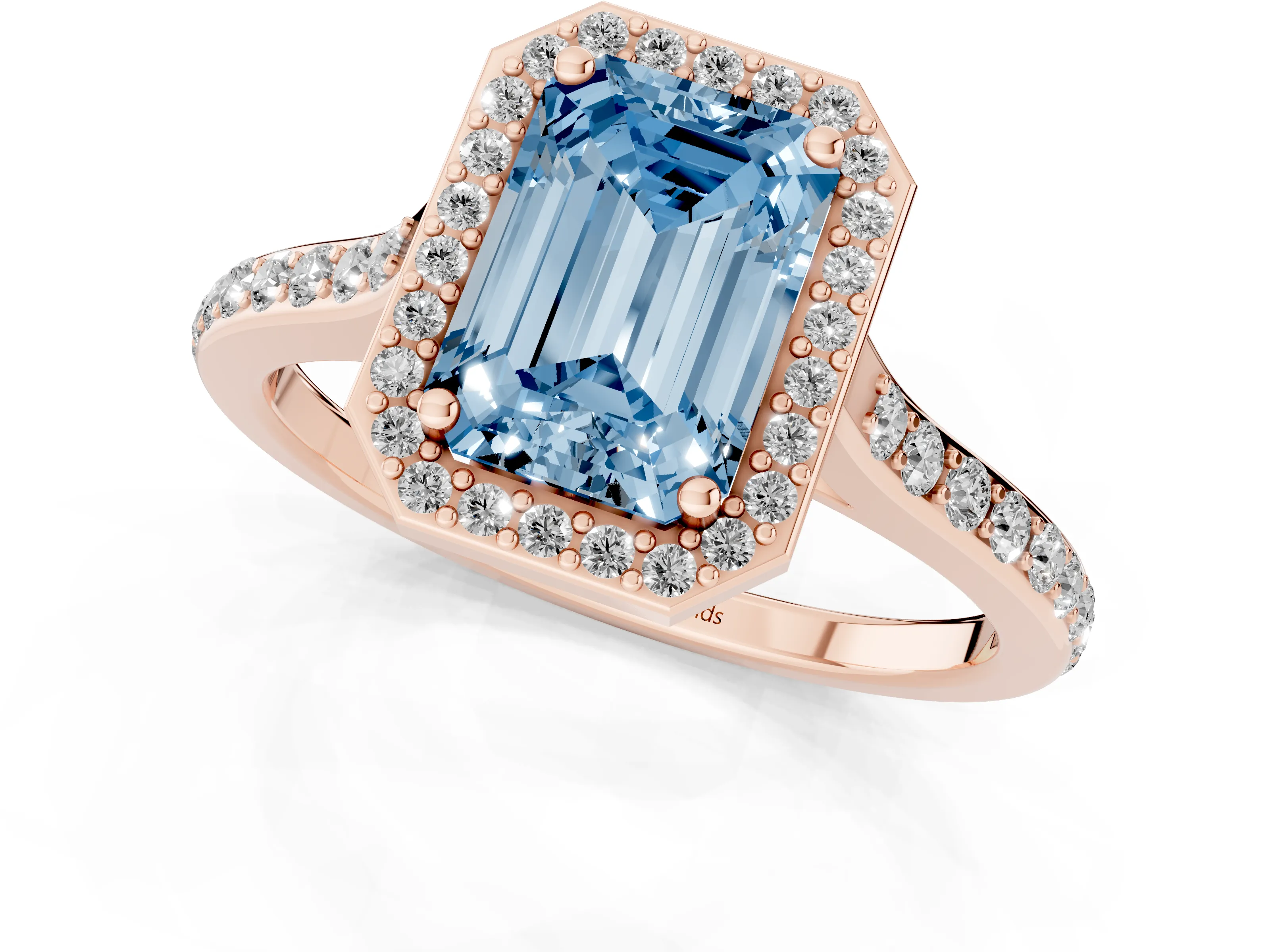 Fancy Blue Emerald Cut Diamond Halo Engagement Ring Set in Rose gold with Round Pavé Shoulders and Heart Gallery