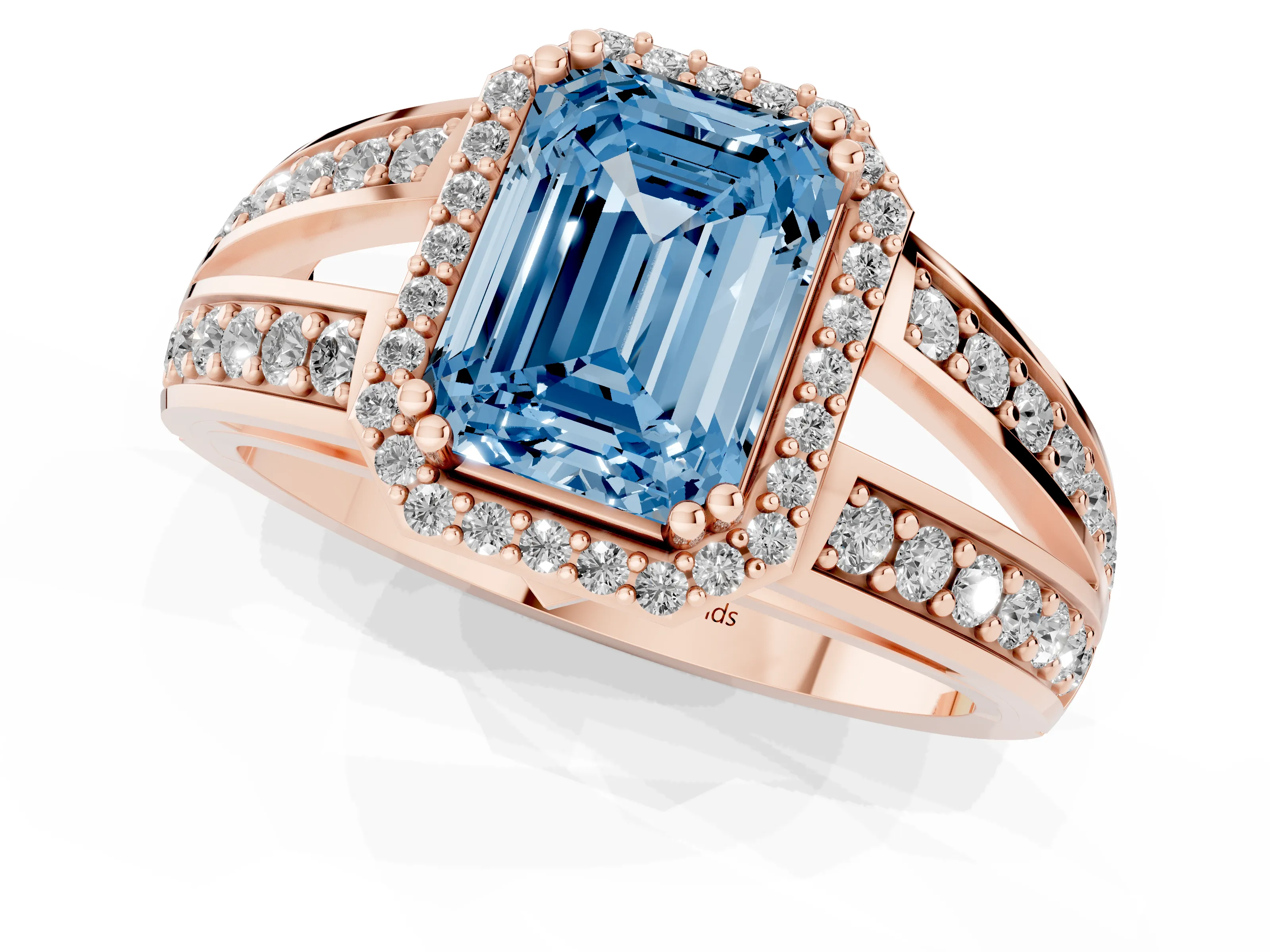 Fancy Blue Emerald Cut Diamond Halo Ring Set in Rose gold with Double Pavé Split Shank
