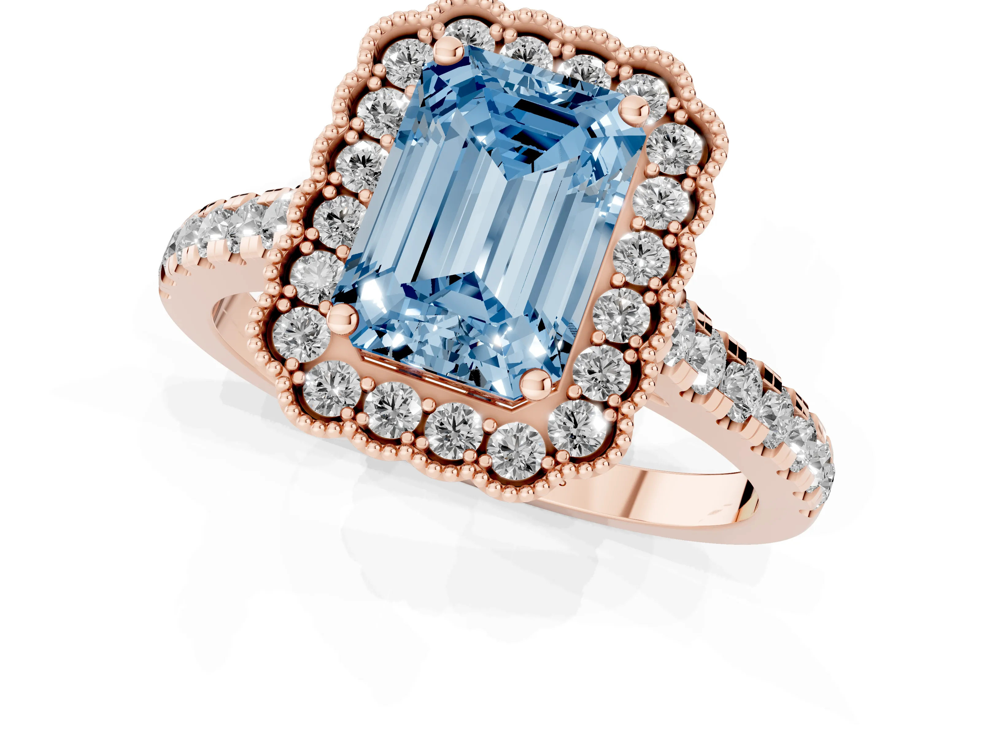 Fancy Blue Emerald Cut Diamond Milgrain Floral Halo Engagement Ring Set in Rose gold with Pavé Band