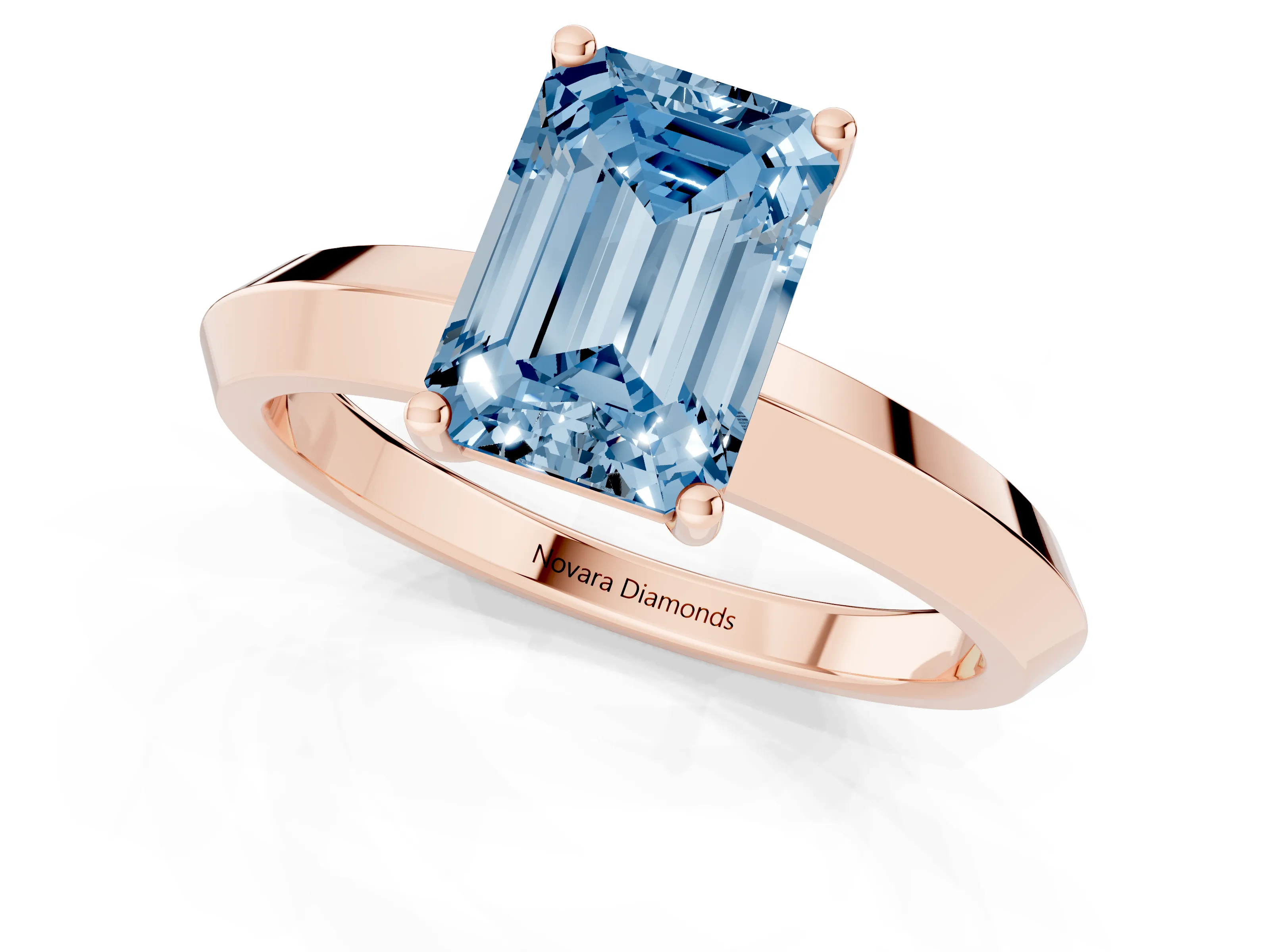 Fancy Blue Emerald Cut Diamond Solitaire Engagement Ring Set in Rose gold with Flat Band and Prong Setting