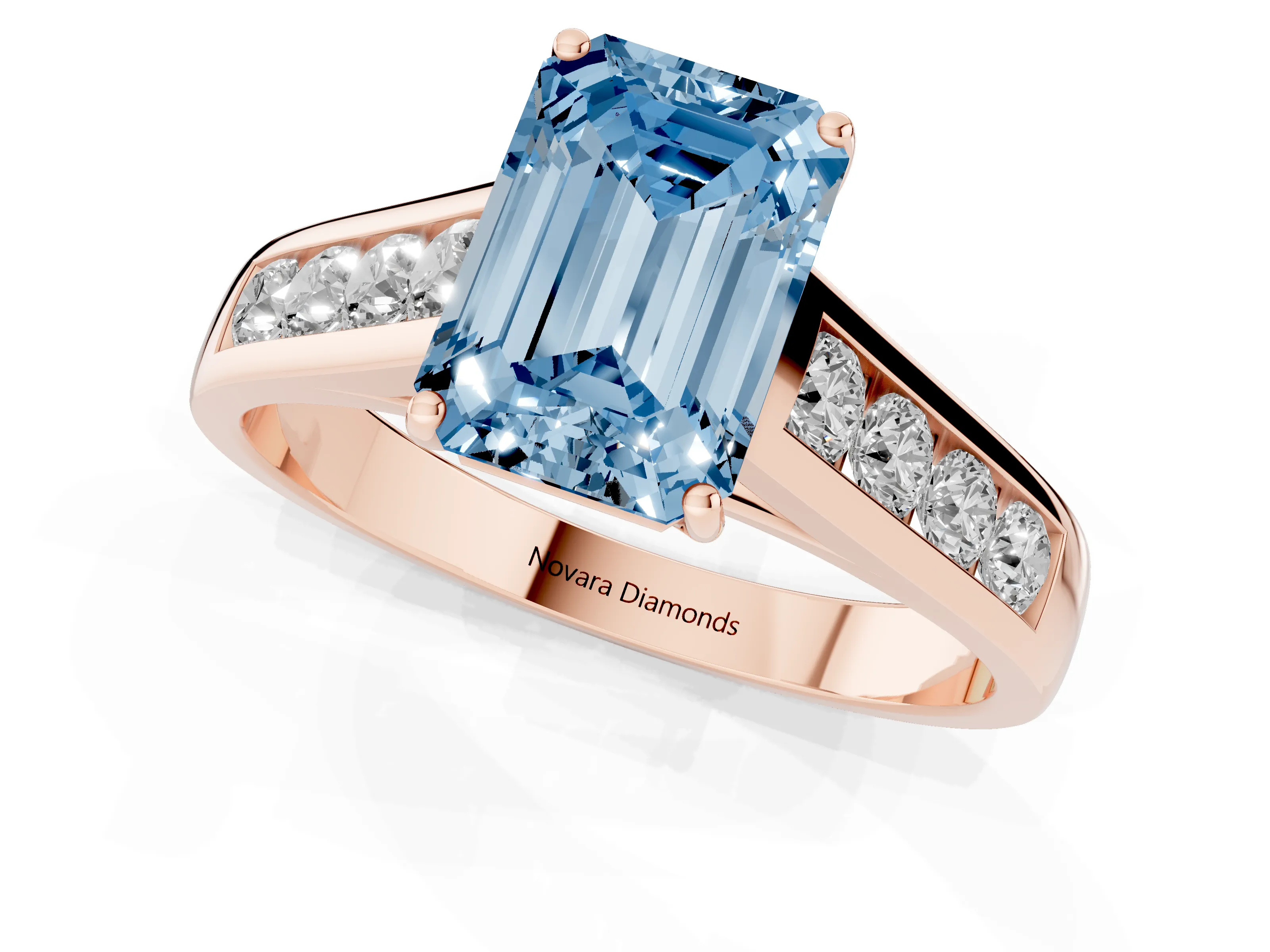Fancy Blue Emerald Cut Diamond Solitaire Channel-Set Engagement Ring Set in Rose gold with Prong Setting