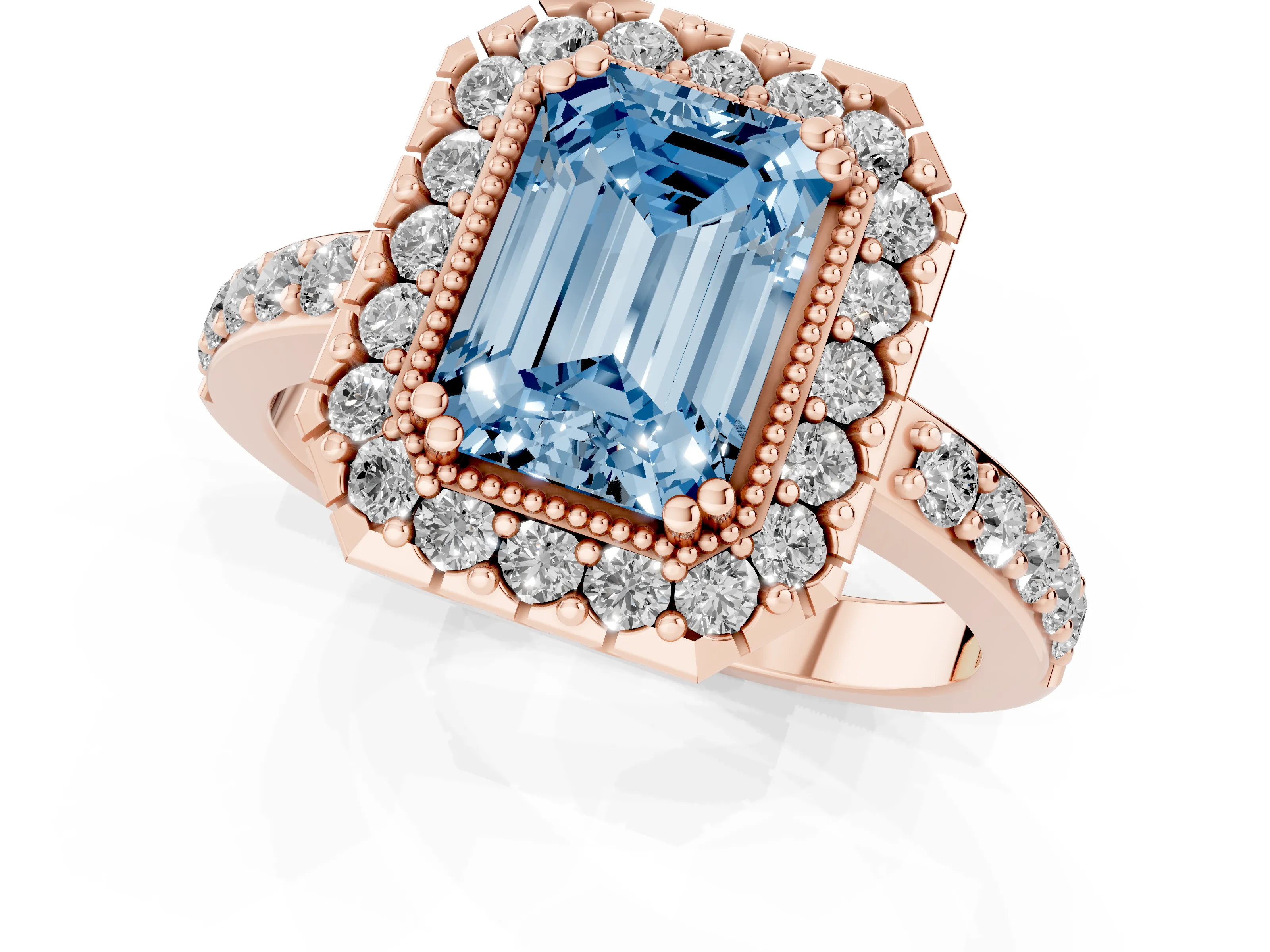 Fancy Blue Emerald Cut Diamond Halo Ring Set in Rose gold with Pavé Shank and Prong Setting