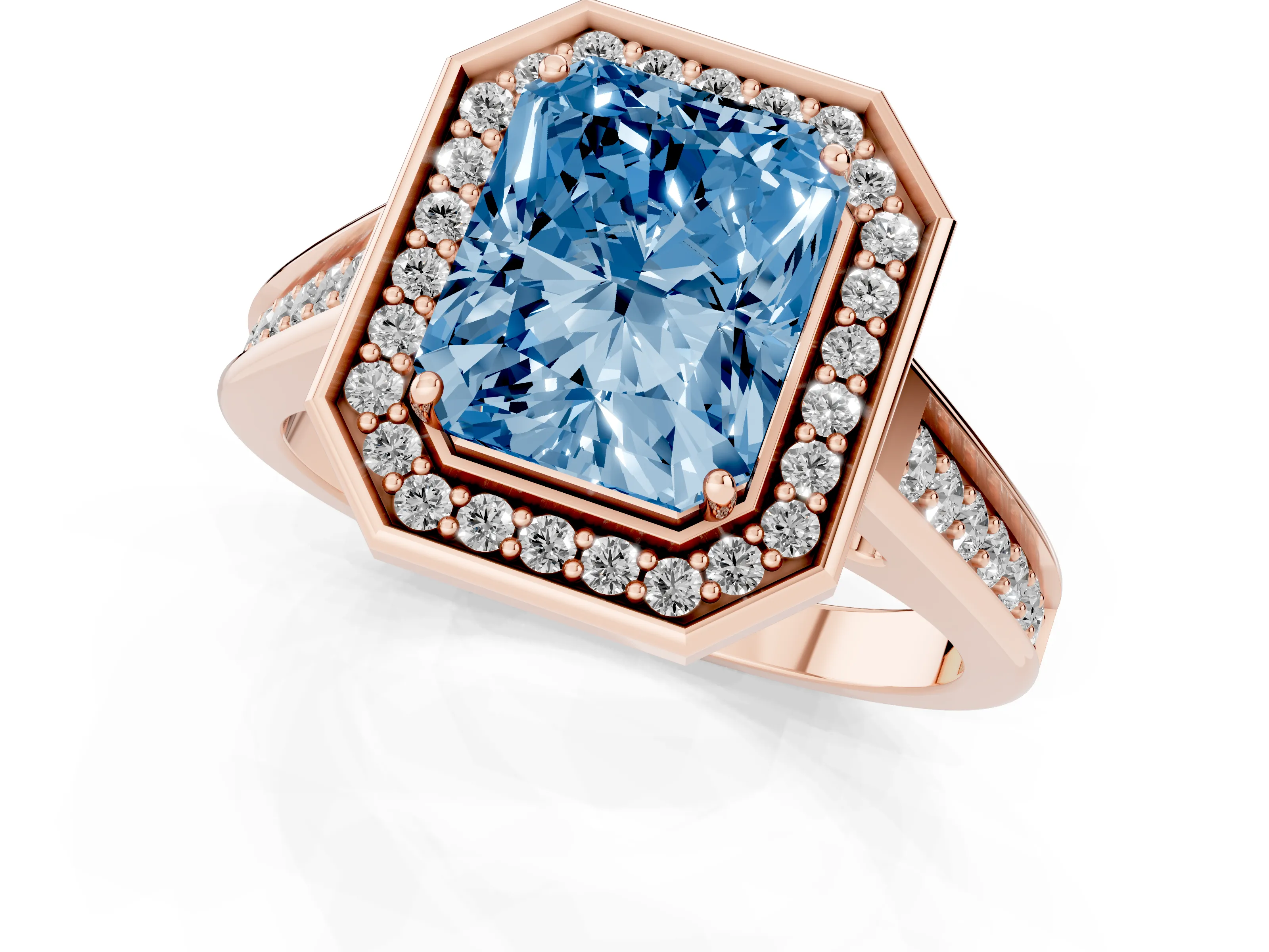 Fancy Blue Emerald Cut Diamond Halo Solitaire Ring Set in Rose gold with Pavé Band and Bezel Setting