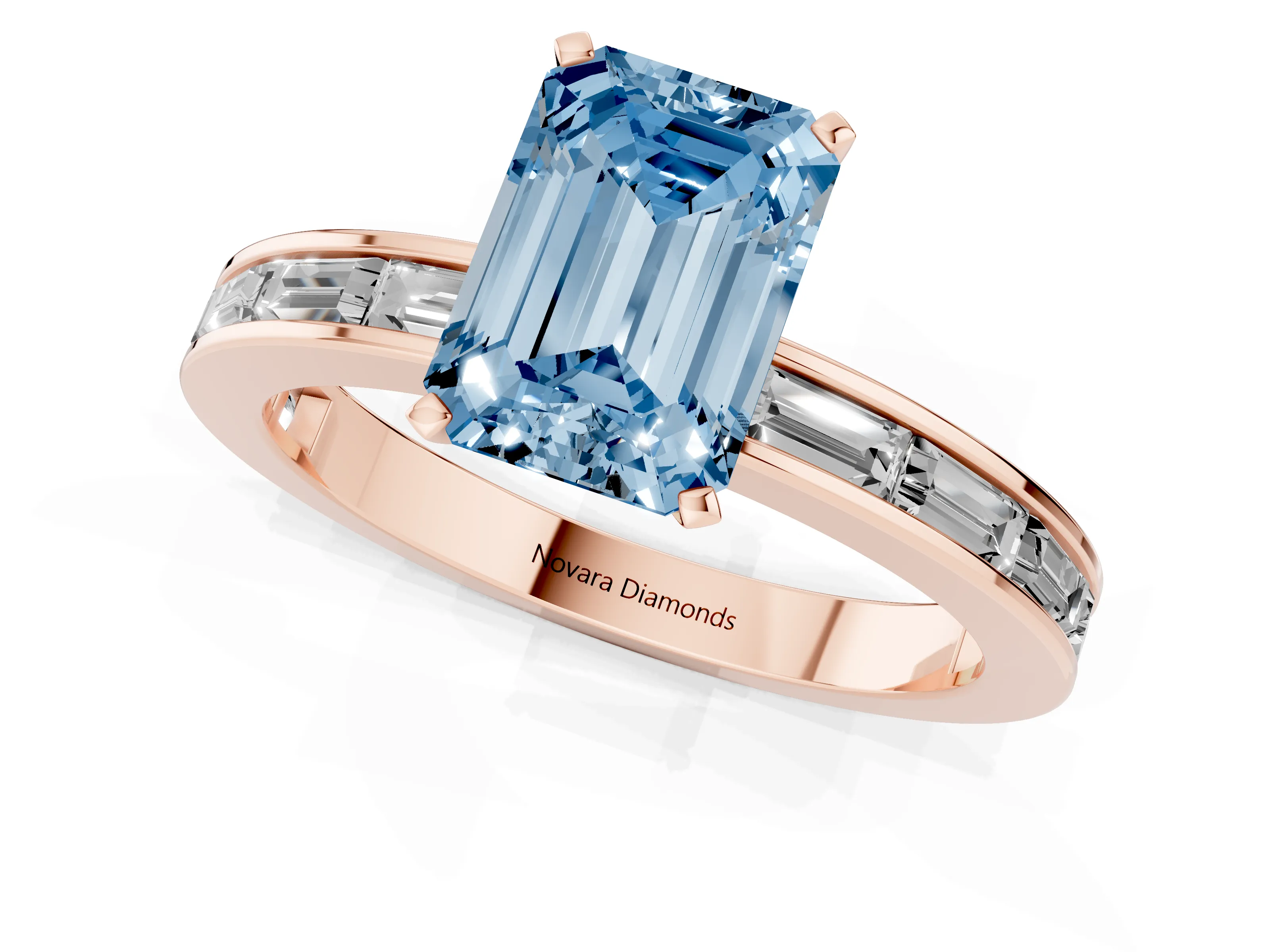 Fancy Blue Emerald Cut Diamond Solitaire Ring Set in Rose gold with Channel-Set Baguette Band and Prong Setting
