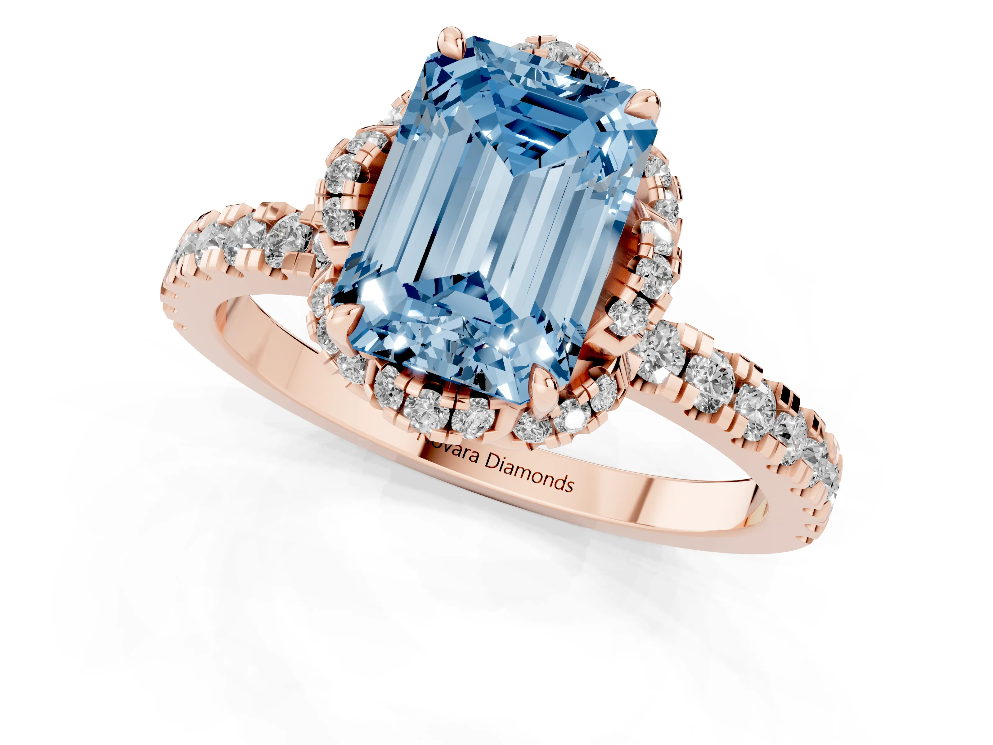 Fancy Blue Emerald Cut Diamond Halo Pavé Band Ring Set in Rose gold with Prong-Held Center