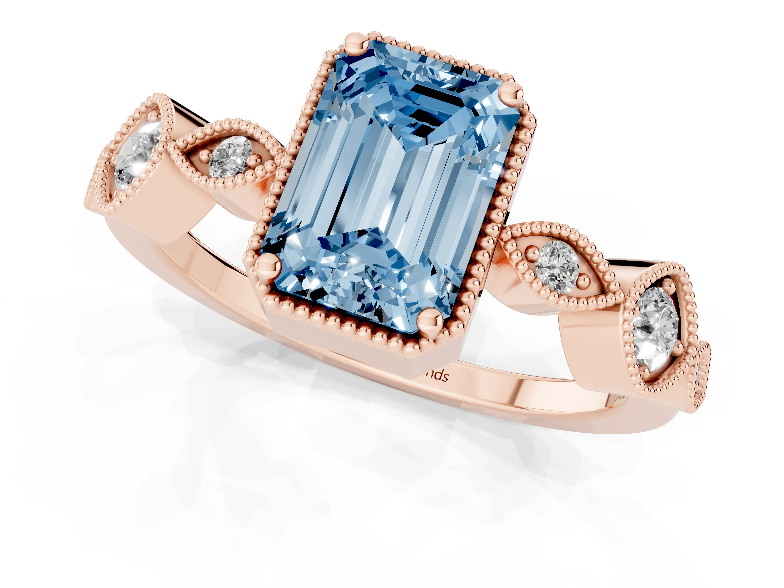 Fancy Blue Emerald Cut Diamond Vintage-Inspired Milgrain Ring Set in Rose gold with Marquise Stations of Round Accents