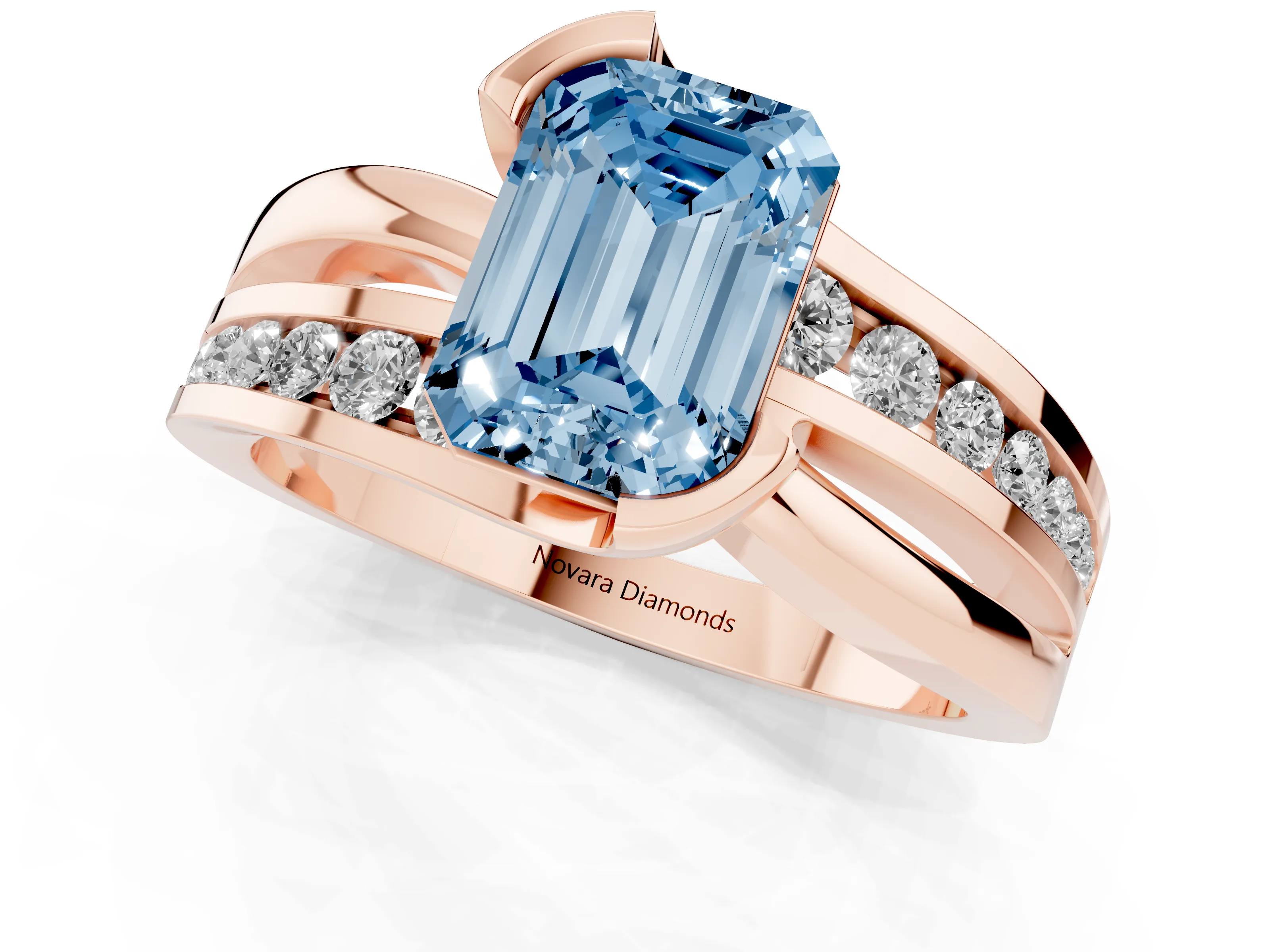 Fancy Blue Emerald Cut Diamond Solitaire Ring Set in Rose gold with Channel Set Split Shank and Tension Prongs