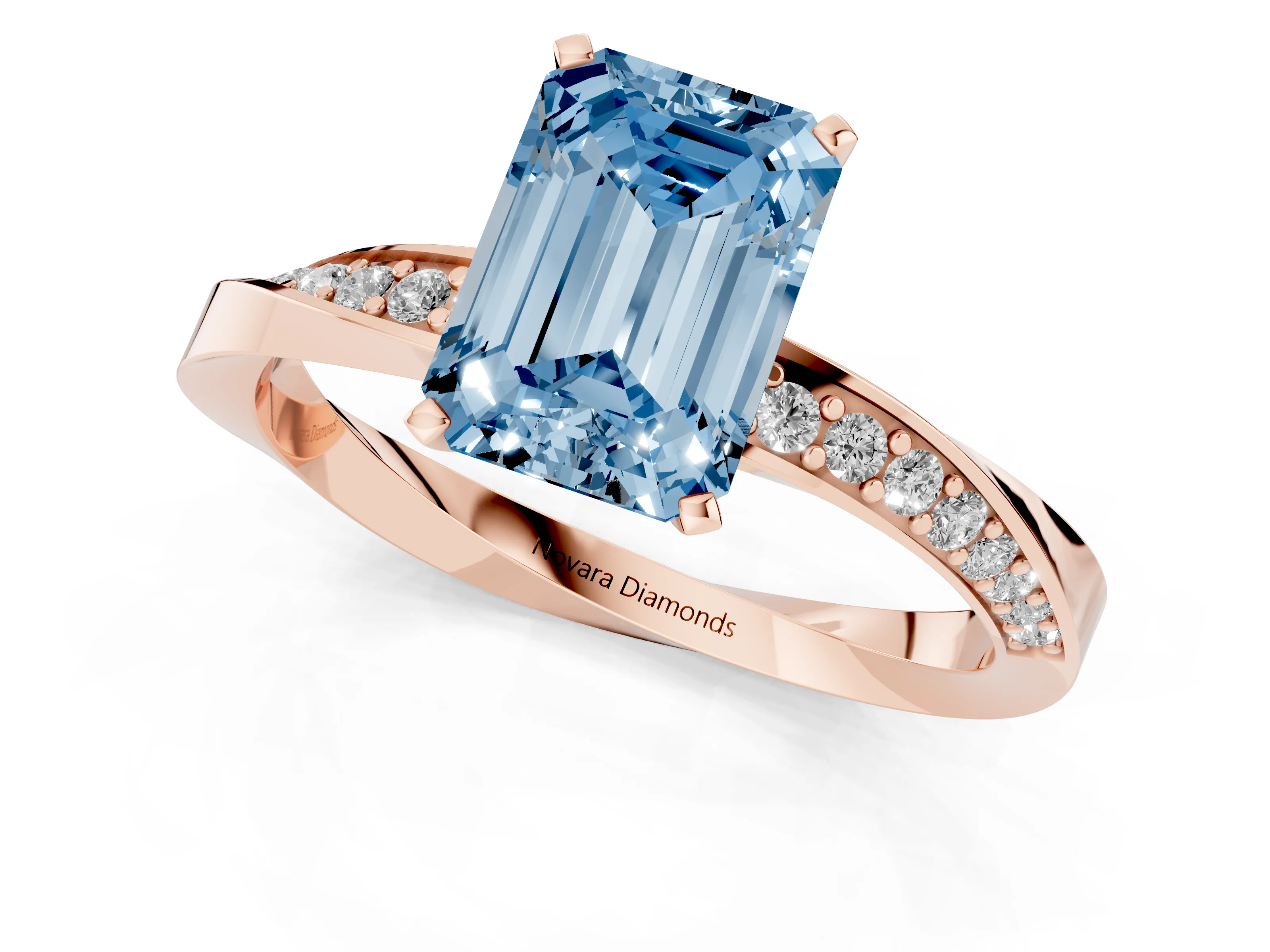 Fancy Blue Emerald Cut Diamond Engagement Ring Set in Rose gold with Side Stone Accents and Prong Setting