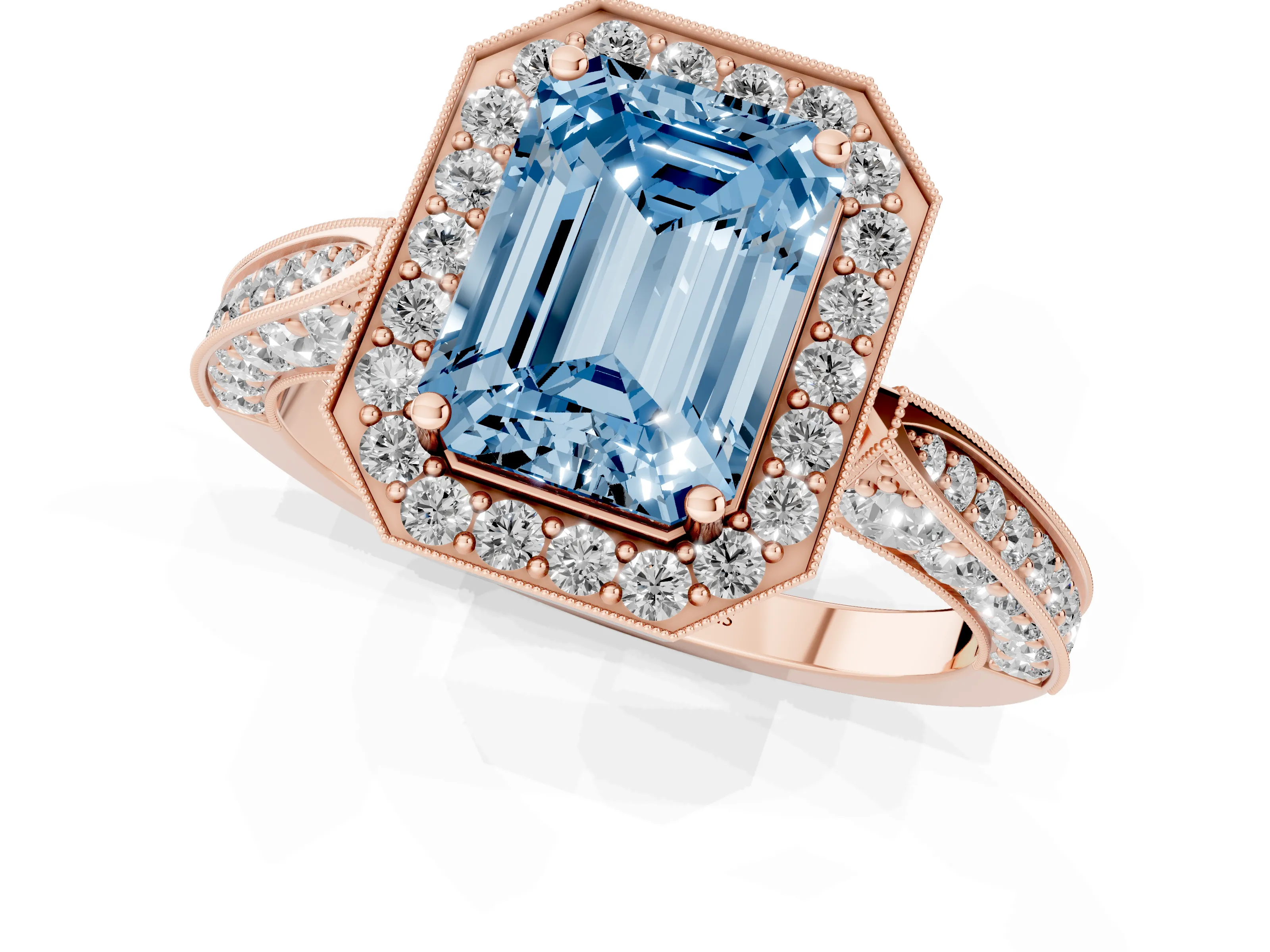 Fancy Blue Emerald Cut Diamond Halo Engagement Ring Set in Rose gold with Accent Split Shank Band