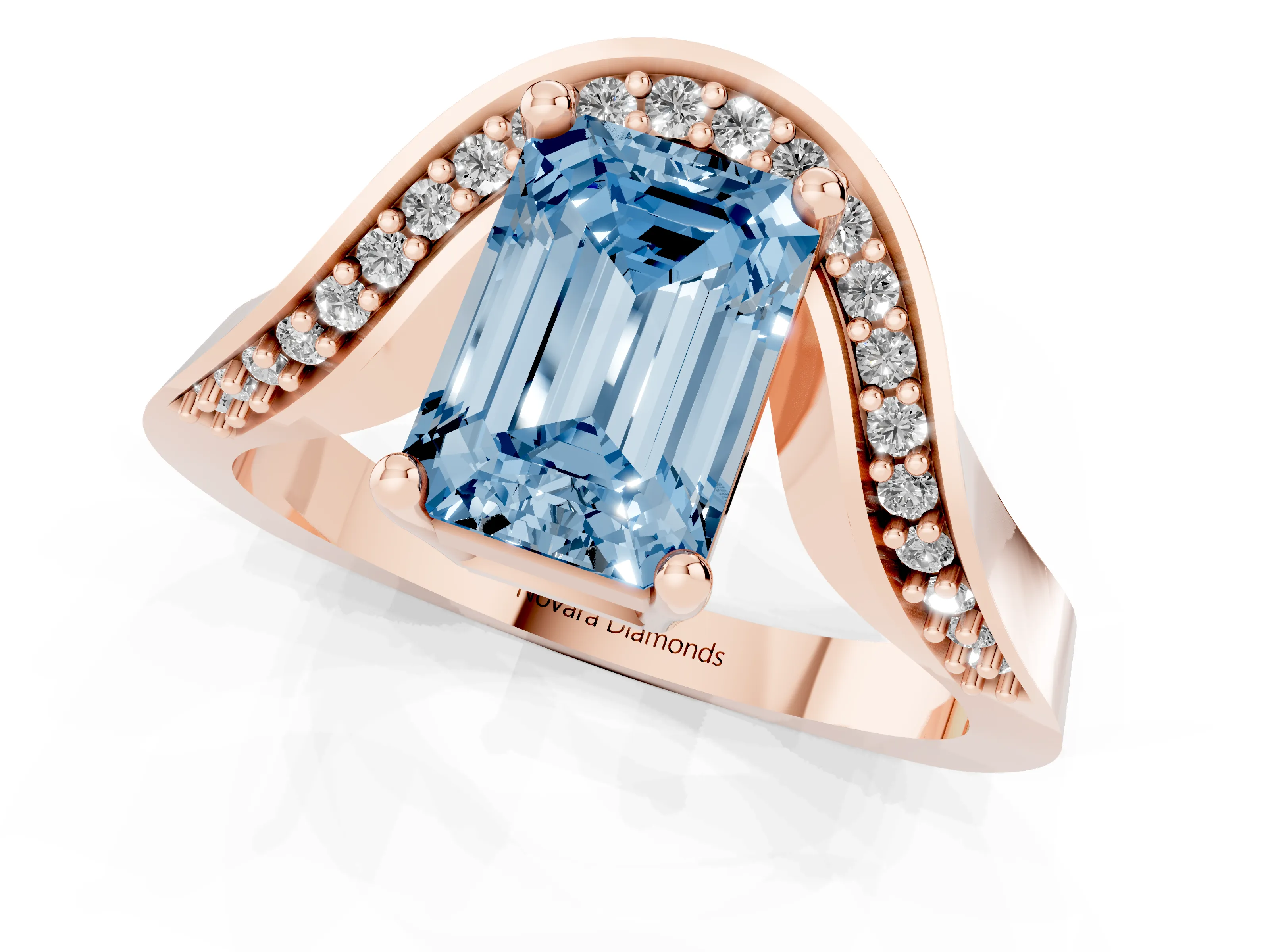 Fancy Blue Emerald Cut Diamond Solitaire Engagement Ring Set in Rose gold with Pavé Shoulders