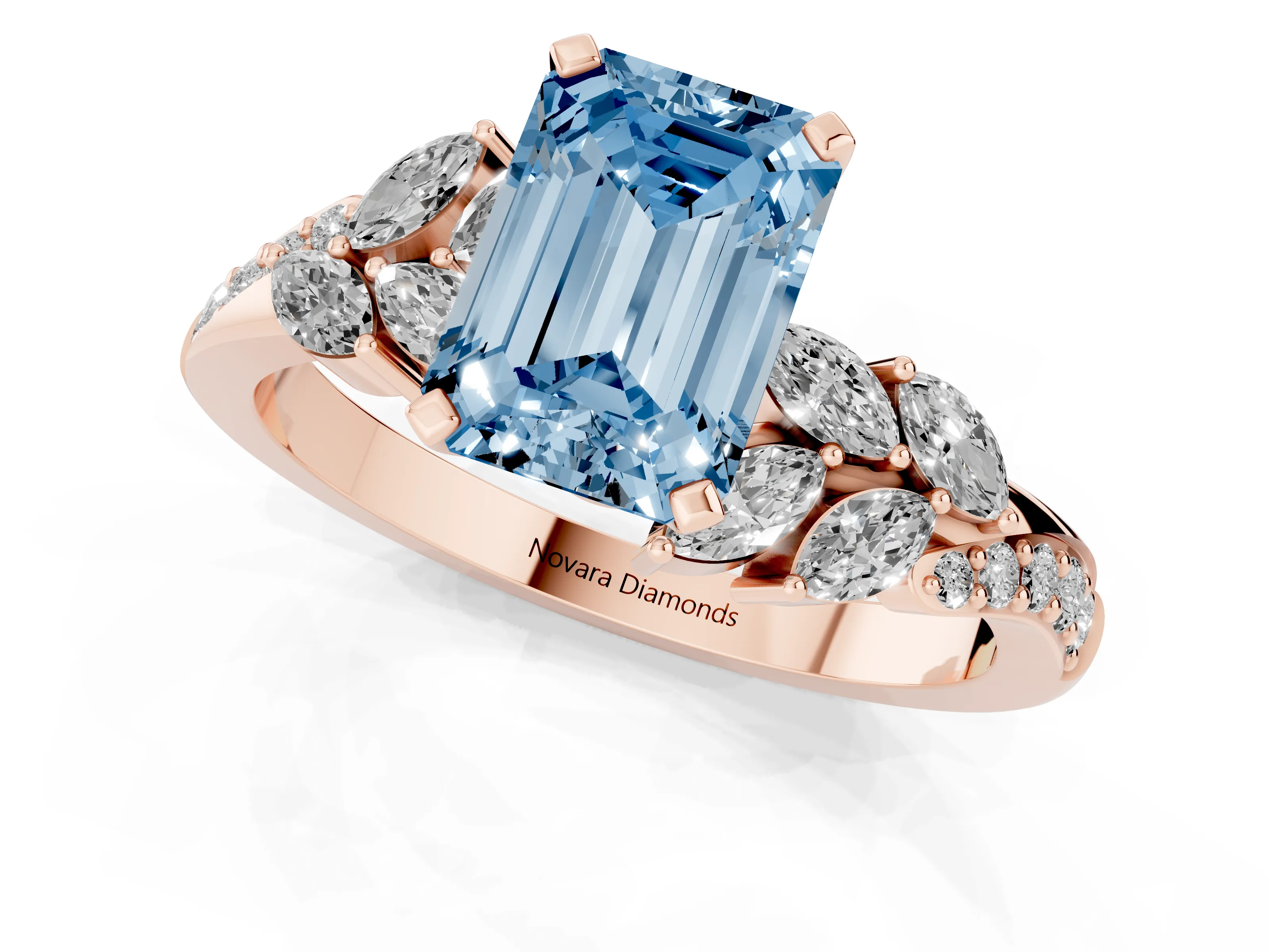 Fancy Blue Emerald Cut Diamond Solitaire Ring Set in Rose gold with Marquise Twist Band and Prong Setting