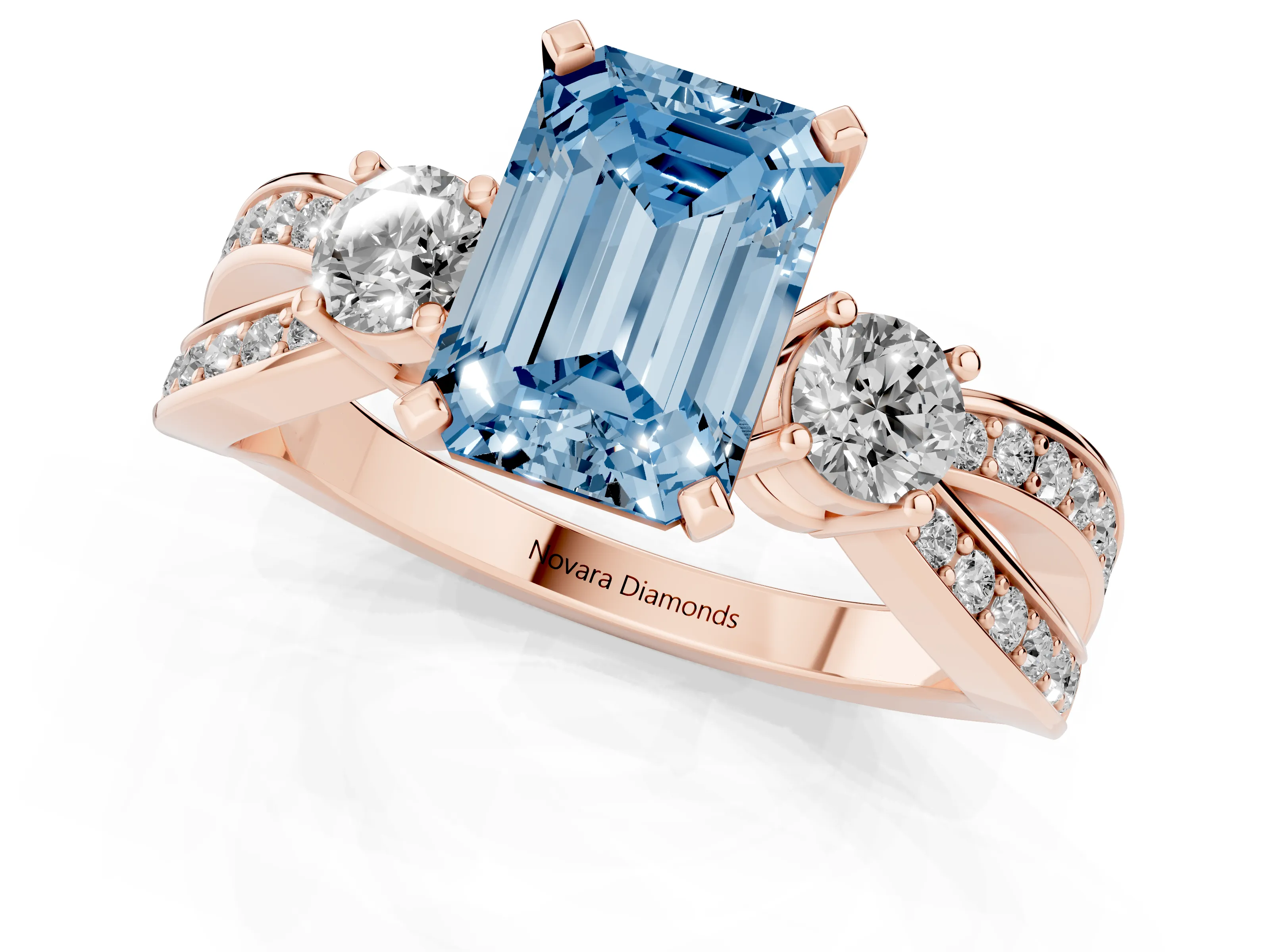 Fancy Blue Three-Stone Emerald Cut Diamond Twist Band Ring Set in Rose gold with Pavé Accents and Prong Setting