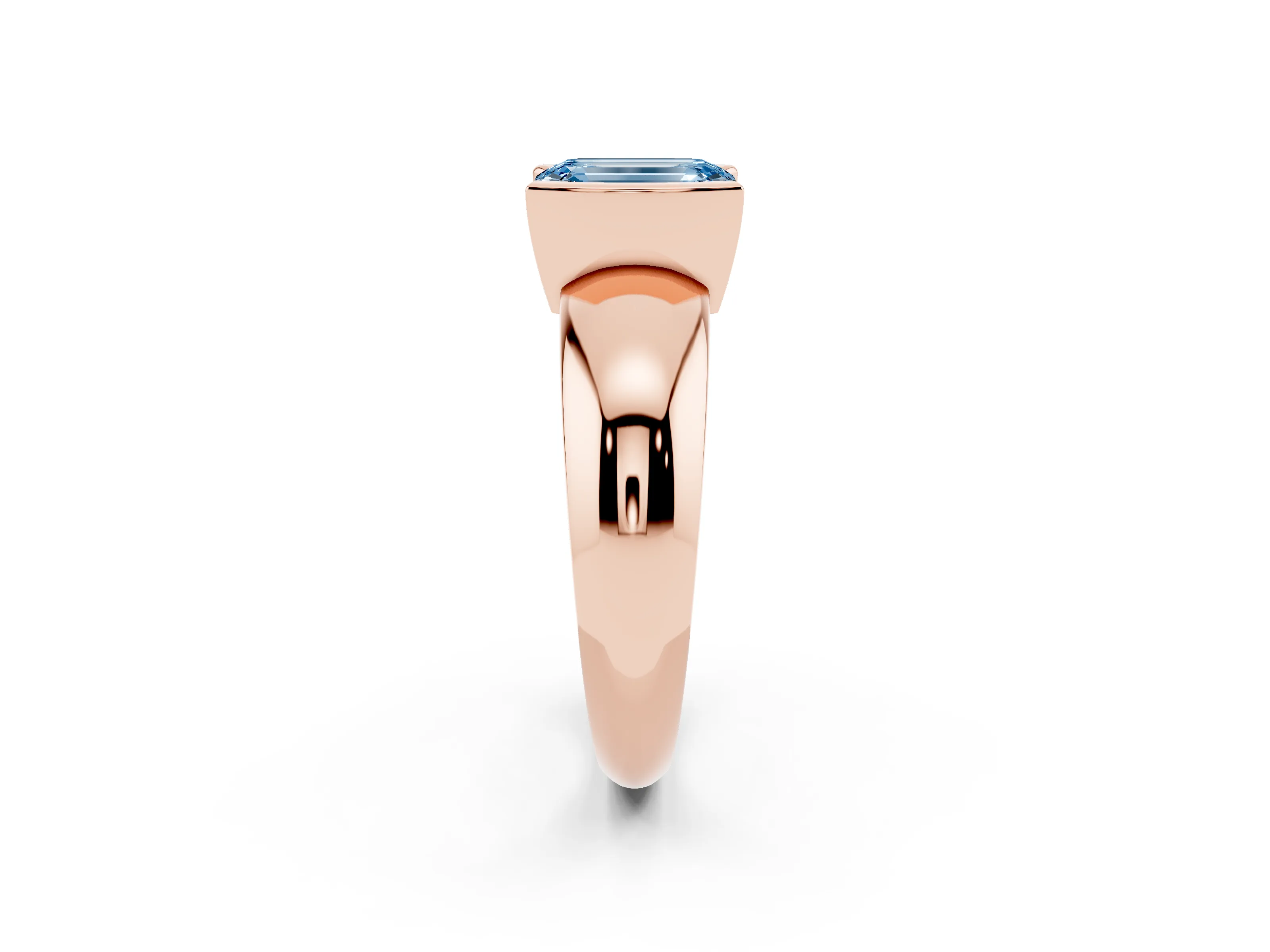 Fancy Blue Emerald Cut Diamond Solitaire Tension Set Ring Set in Rose gold with Wide Band