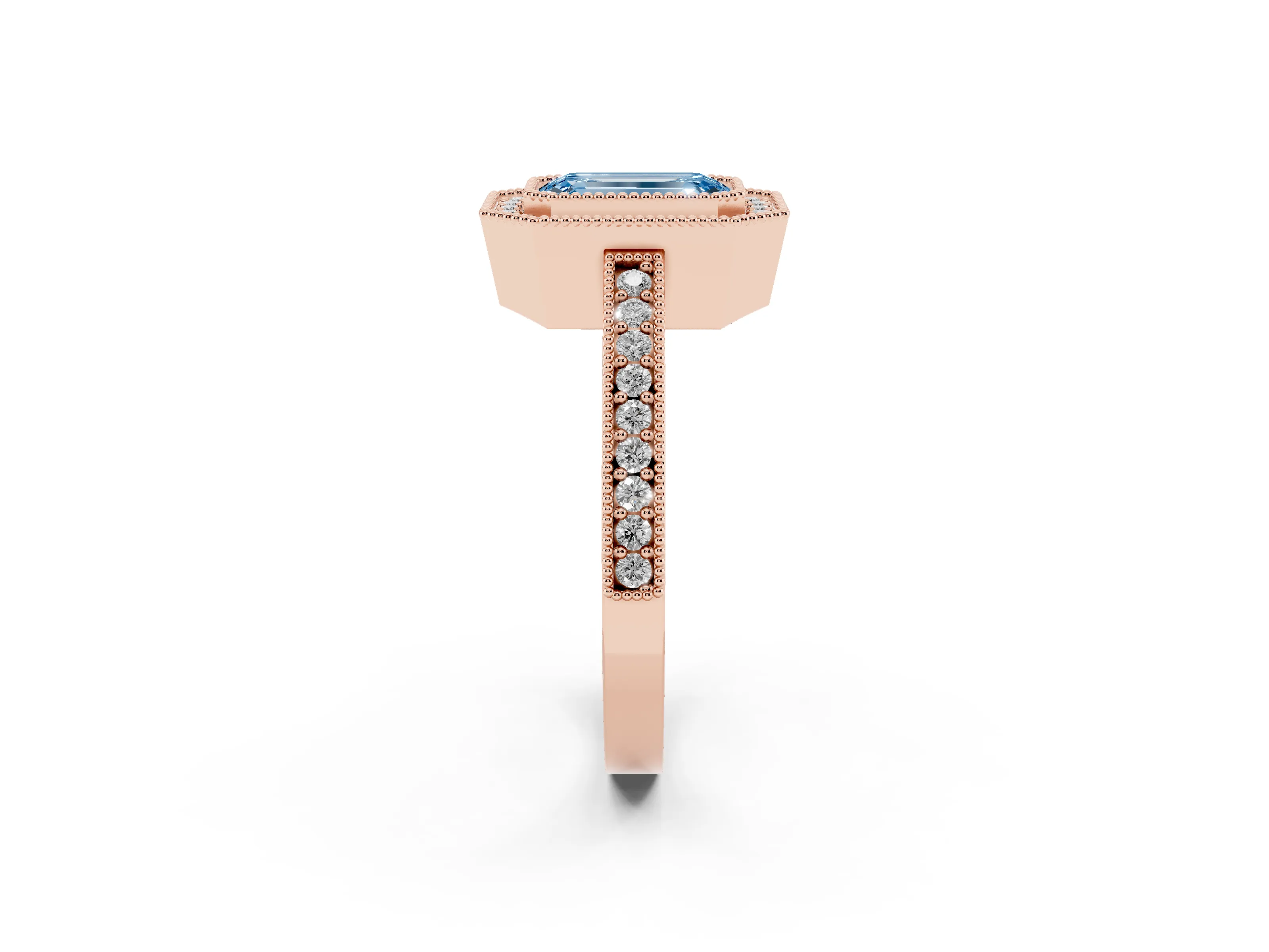 Fancy Blue Emerald Cut Diamond Halo Engagement Ring Set in Rose gold with Pavé Band and Round Halo Stones