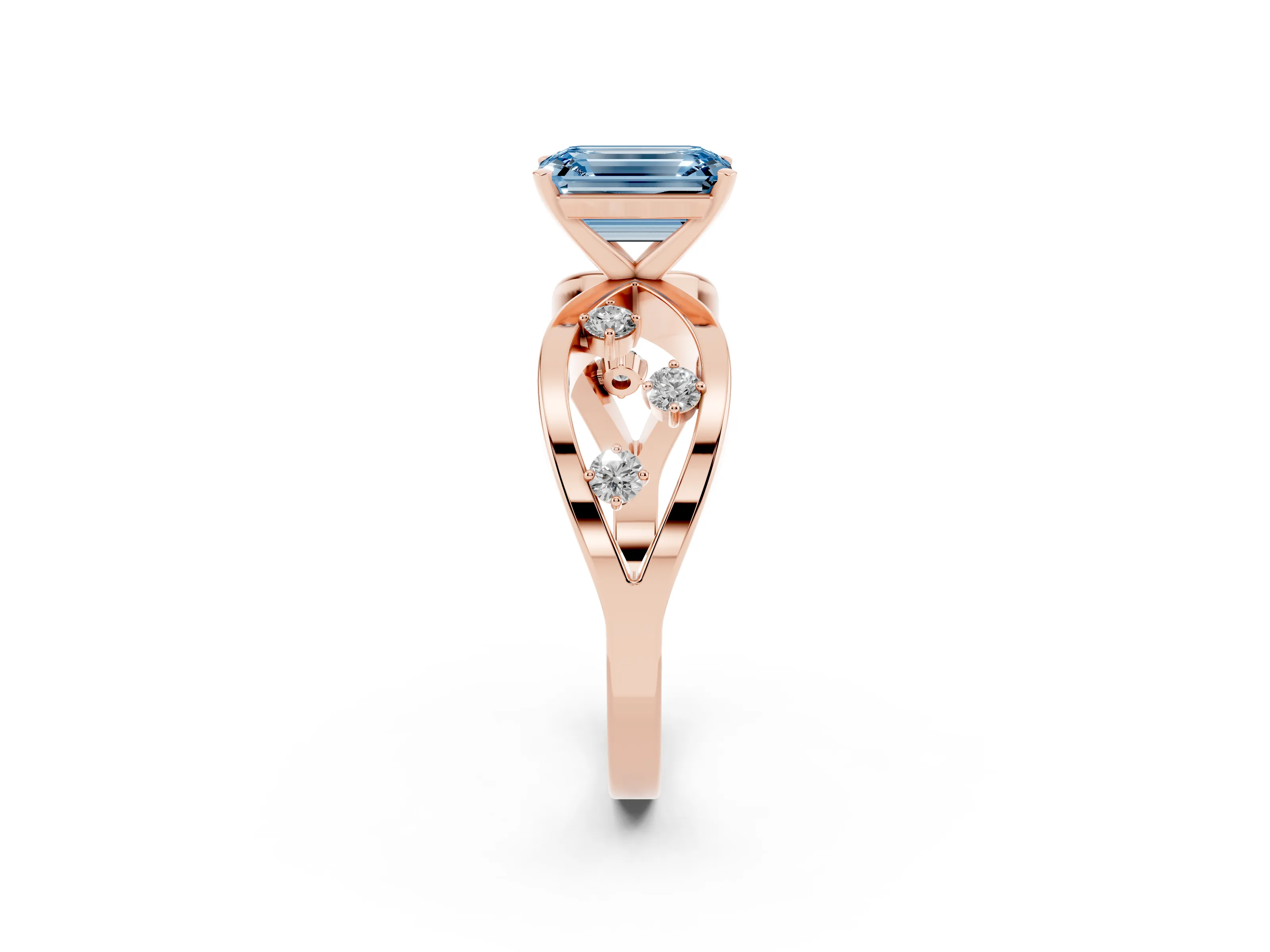 Fancy Blue Emerald Cut Diamond Solitaire Ring Set in Rose gold with Side Stones on Criss-Cross Band and Prong Setting