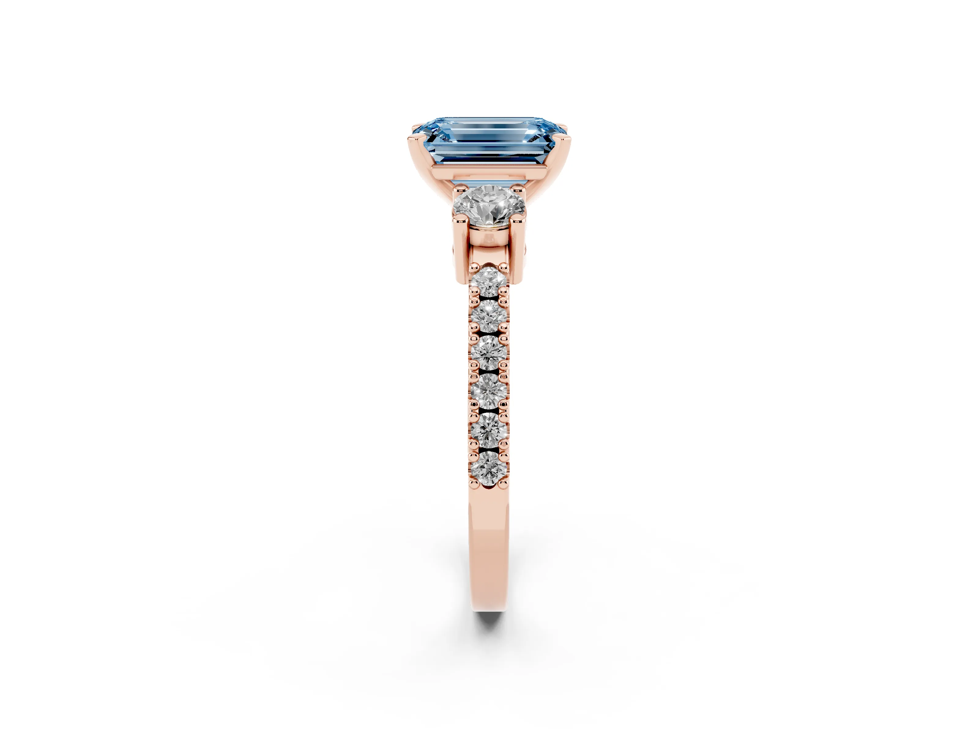 Fancy Blue Three-Stone Emerald Cut Diamond Pavé Band Ring Set in Rose gold with Prong Setting
