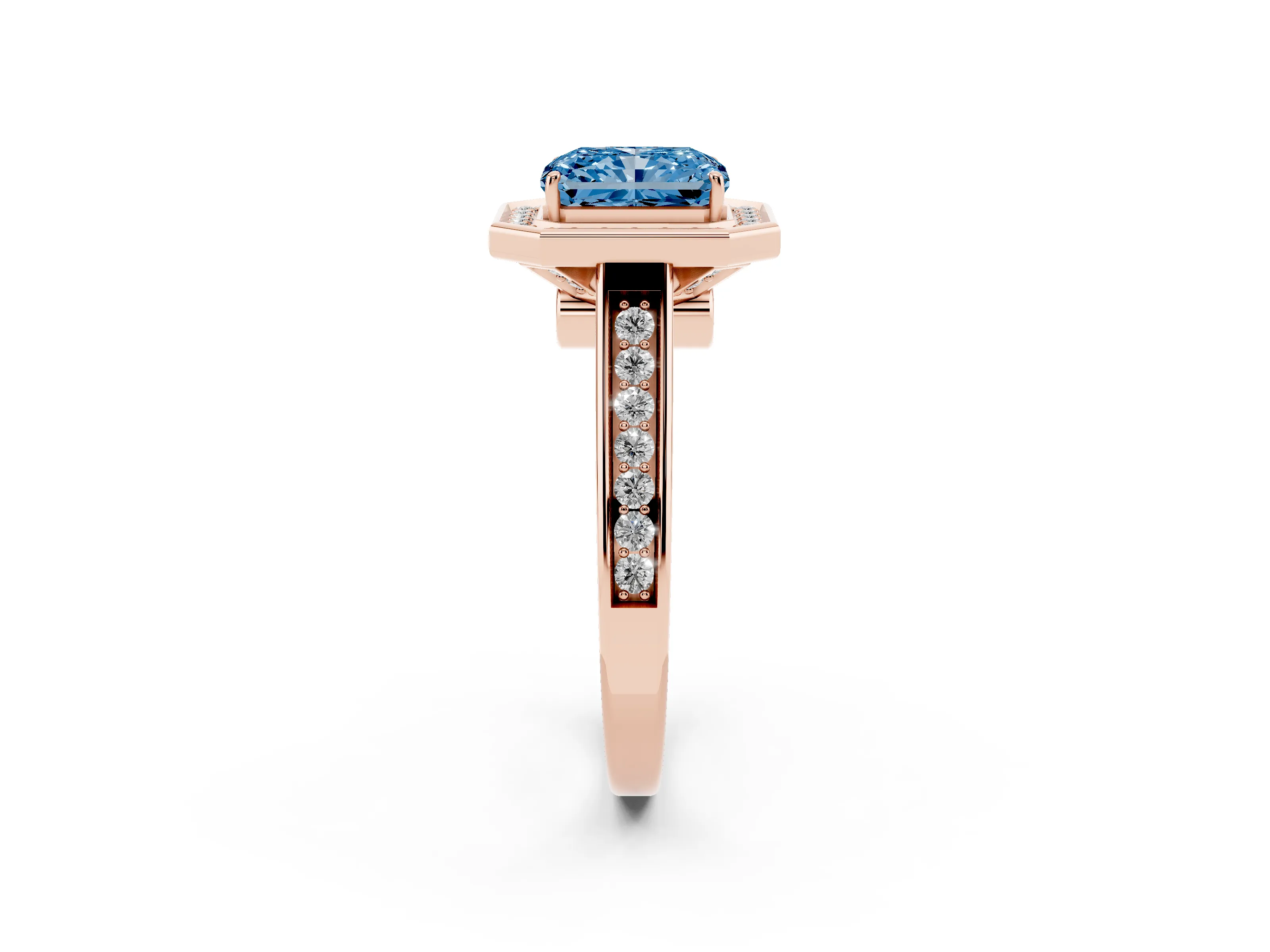 Fancy Blue Emerald Cut Diamond Halo Solitaire Ring Set in Rose gold with Pavé Band and Bezel Setting