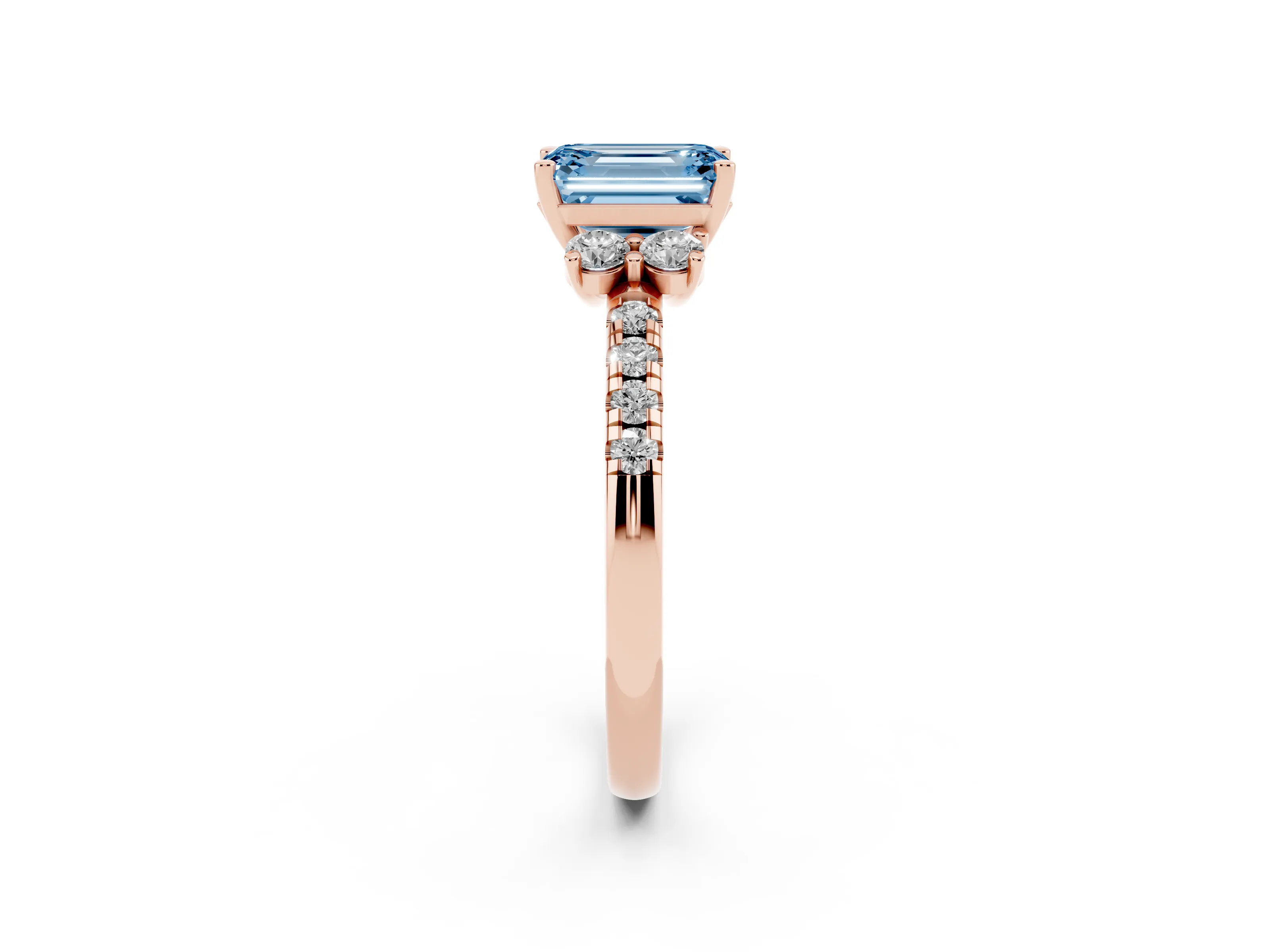 Fancy Blue Emerald Cut Diamond Three-Stone Pavé Ring Set in Rose gold with Prong Setting