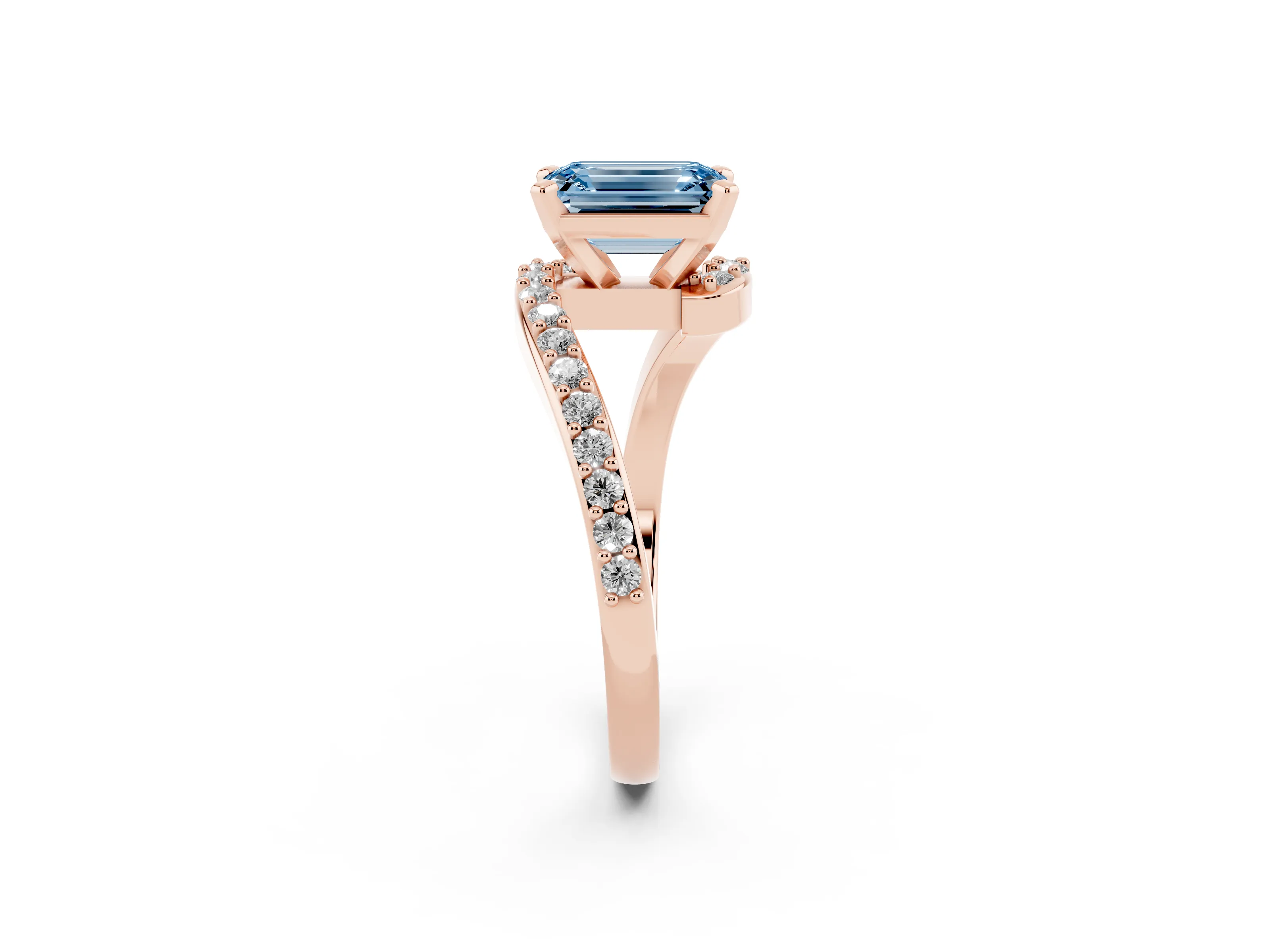 Fancy Blue Emerald Cut Diamond Solitaire Ring Set in Rose gold with Pavé Twist Band and Prong Setting