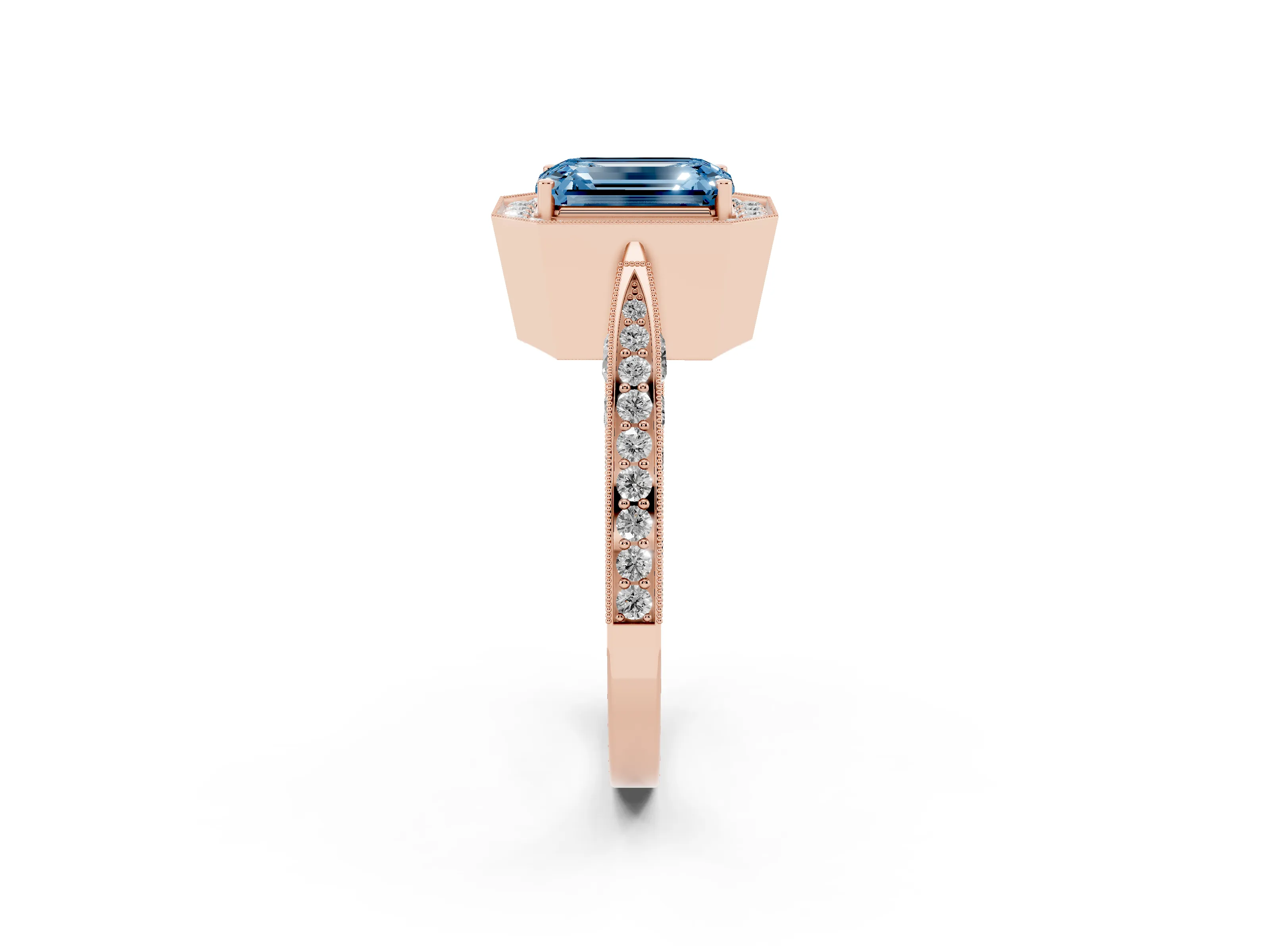Fancy Blue Emerald Cut Diamond Halo Engagement Ring Set in Rose gold with Accent Split Shank Band