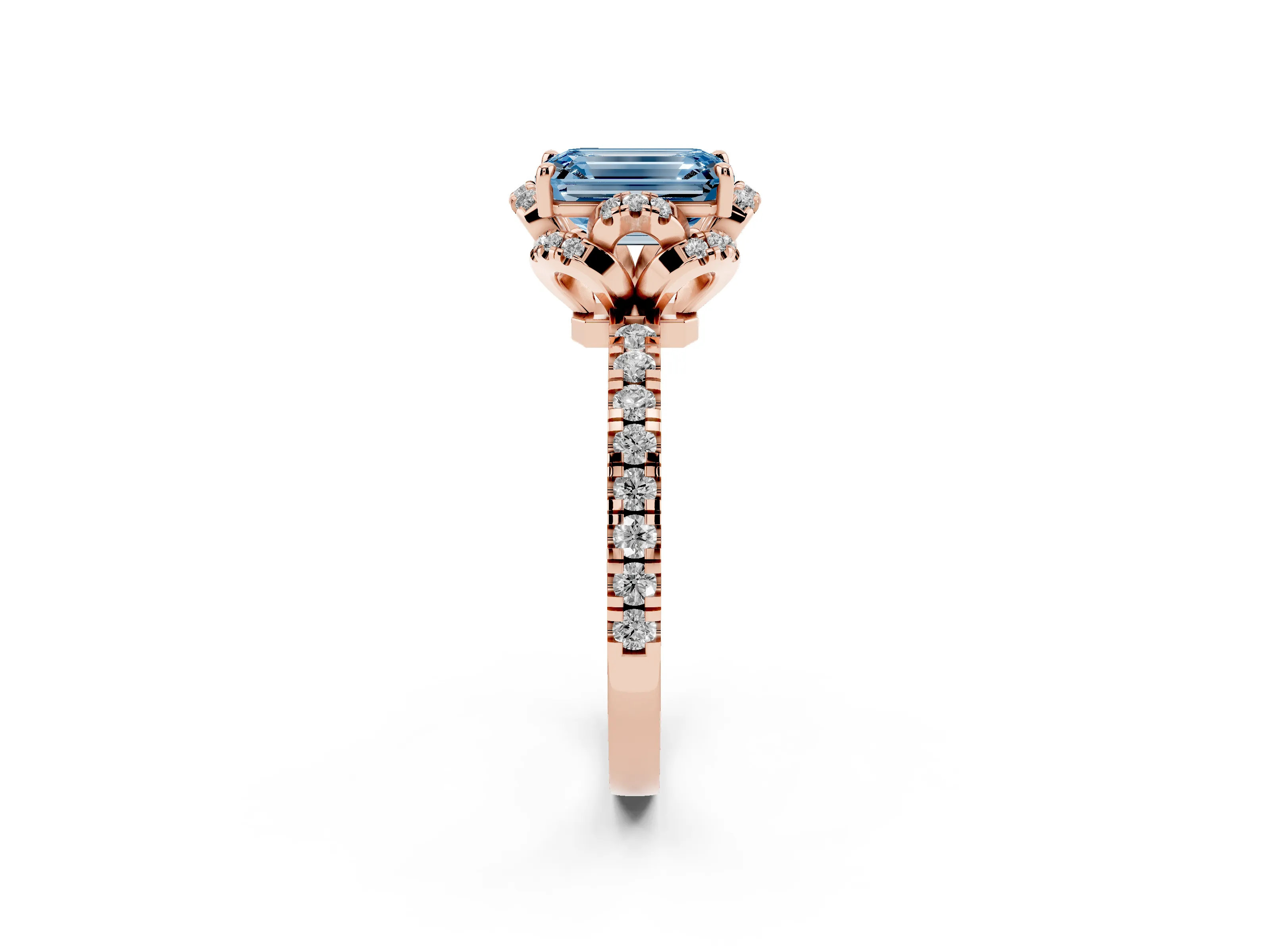 Fancy Blue Emerald Cut Diamond Halo Pavé Band Ring Set in Rose gold with Prong-Held Center