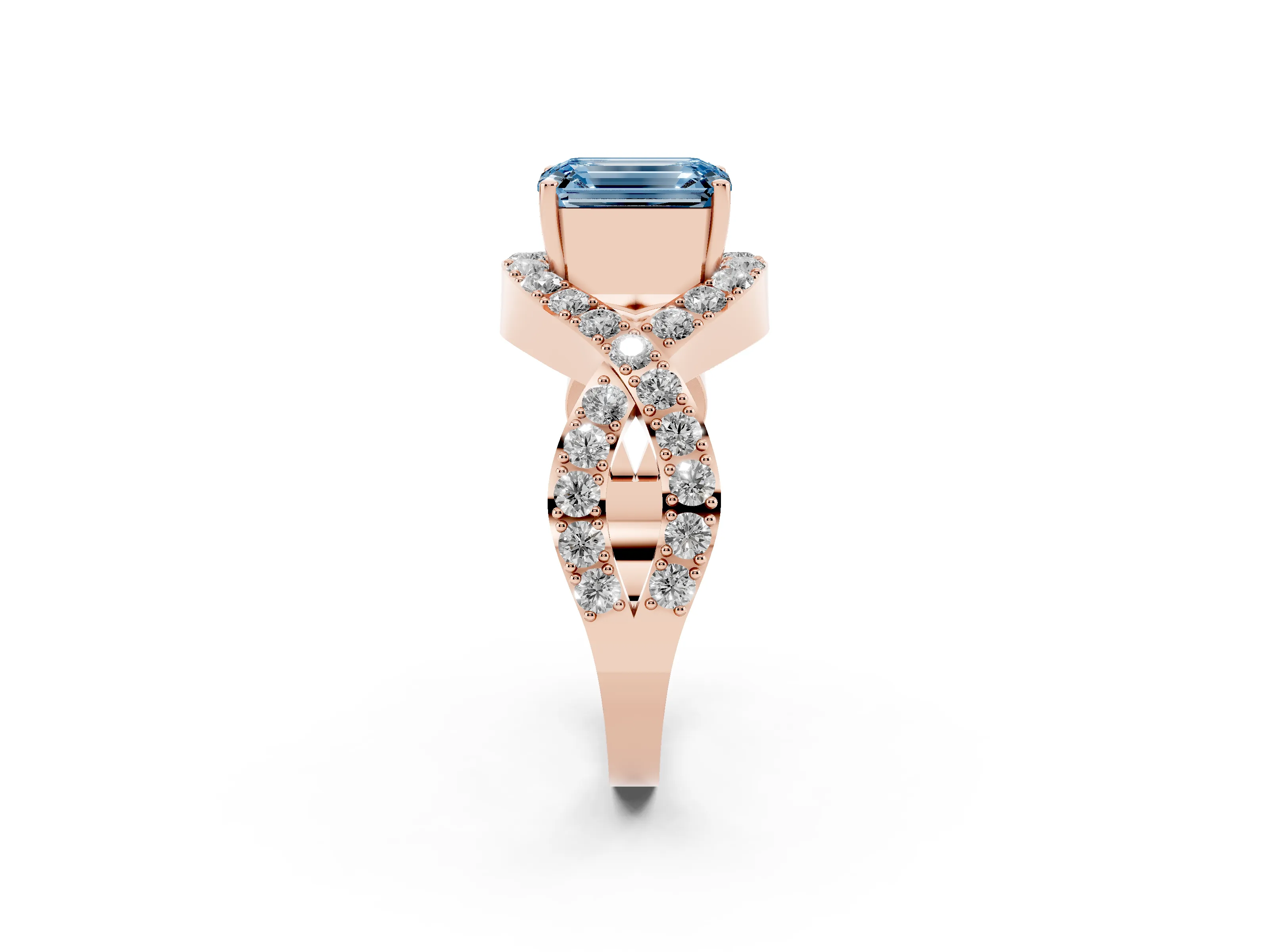 Fancy Blue Emerald Cut Diamond Solitaire Twist Band Pavé Engagement Ring Set in Rose gold