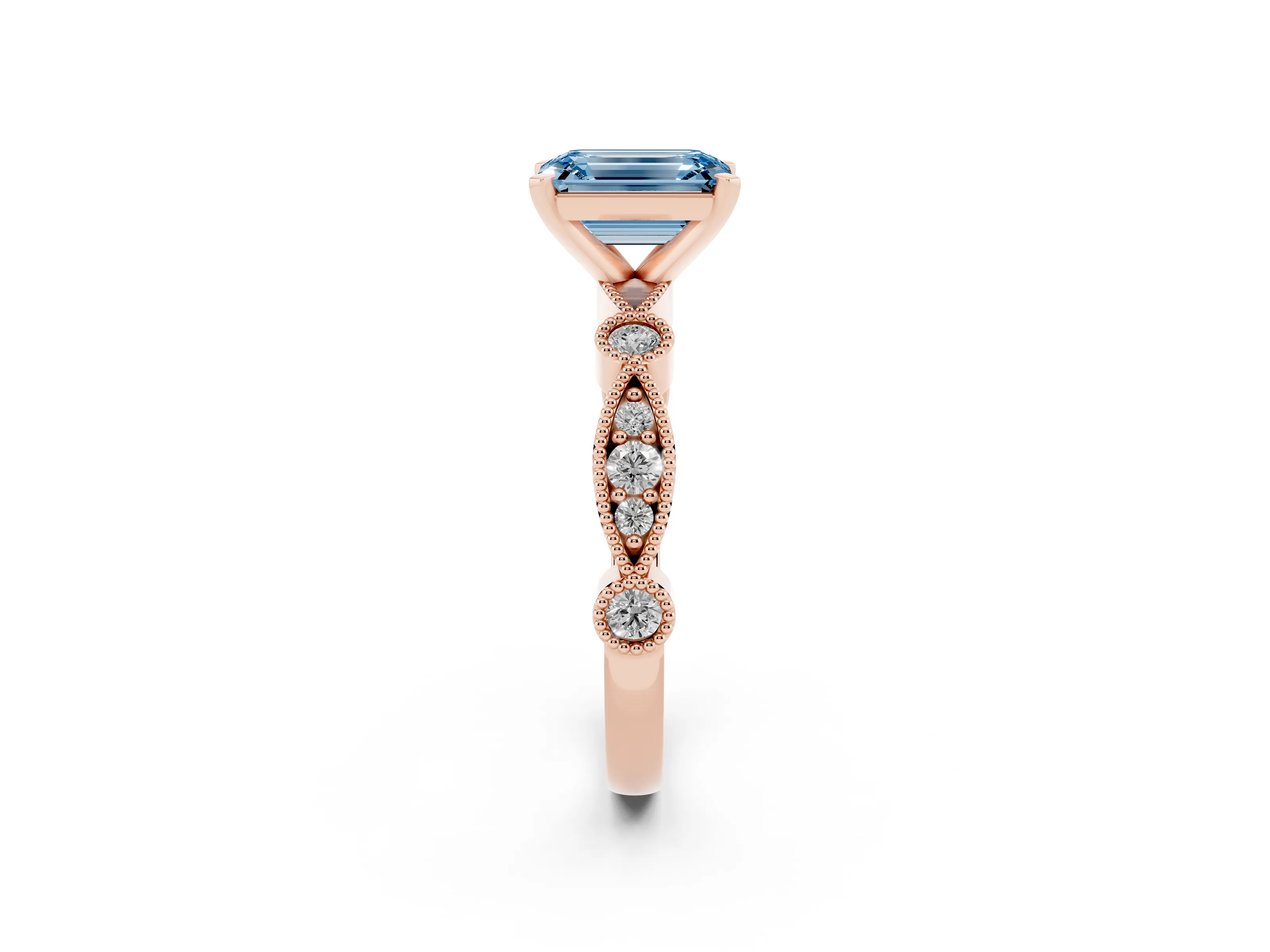 Fancy Blue Emerald Cut Diamond Solitaire Engagement Ring Set in Rose gold with Milgrain Bezel Accent Band