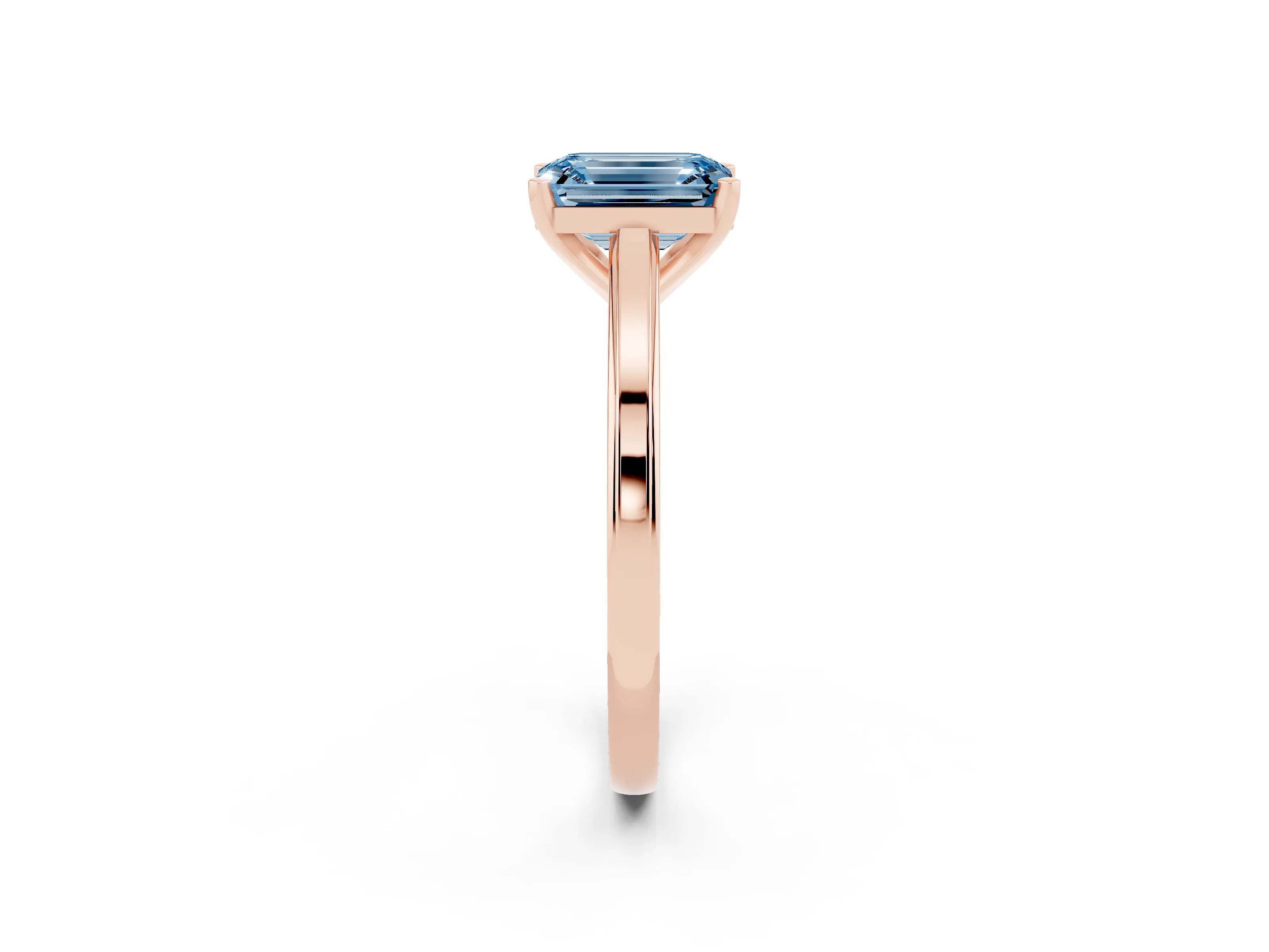 Fancy Blue Emerald Cut Diamond Solitaire Ring Set in Rose gold with Prong Setting and Classic Band