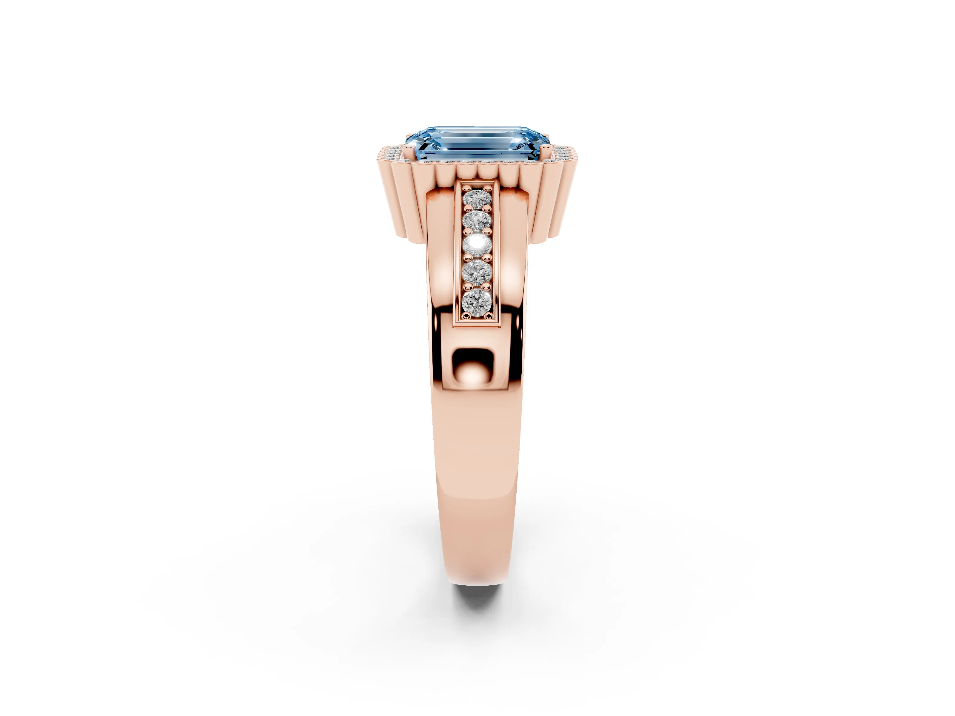 Fancy Blue Emerald Cut Diamond Halo Prong Ring Set in Rose gold with Pavé Band
