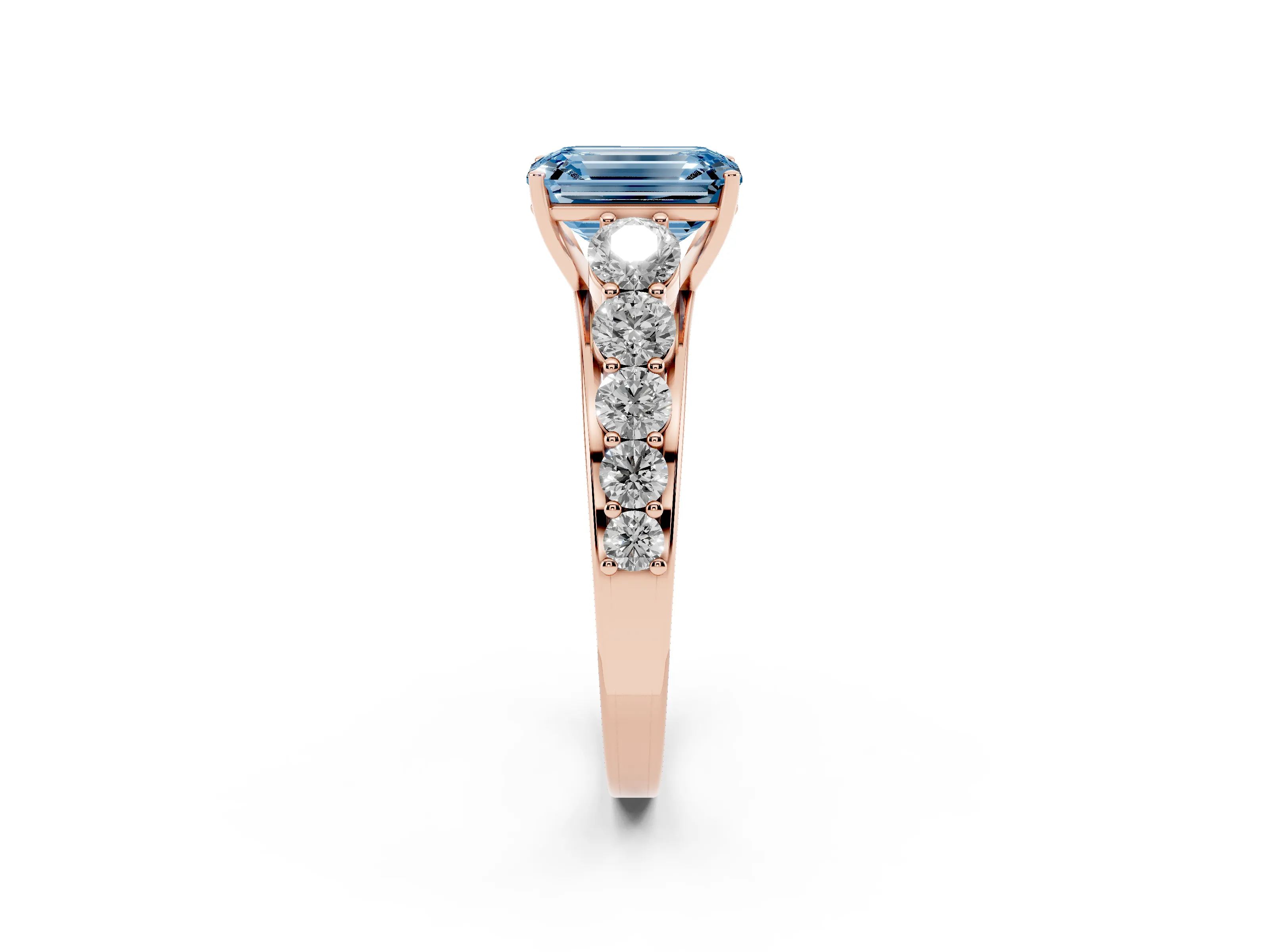 Fancy Blue Emerald Cut Diamond Solitaire Ring Set in Rose gold with Pavé-Set Band and Prong Setting