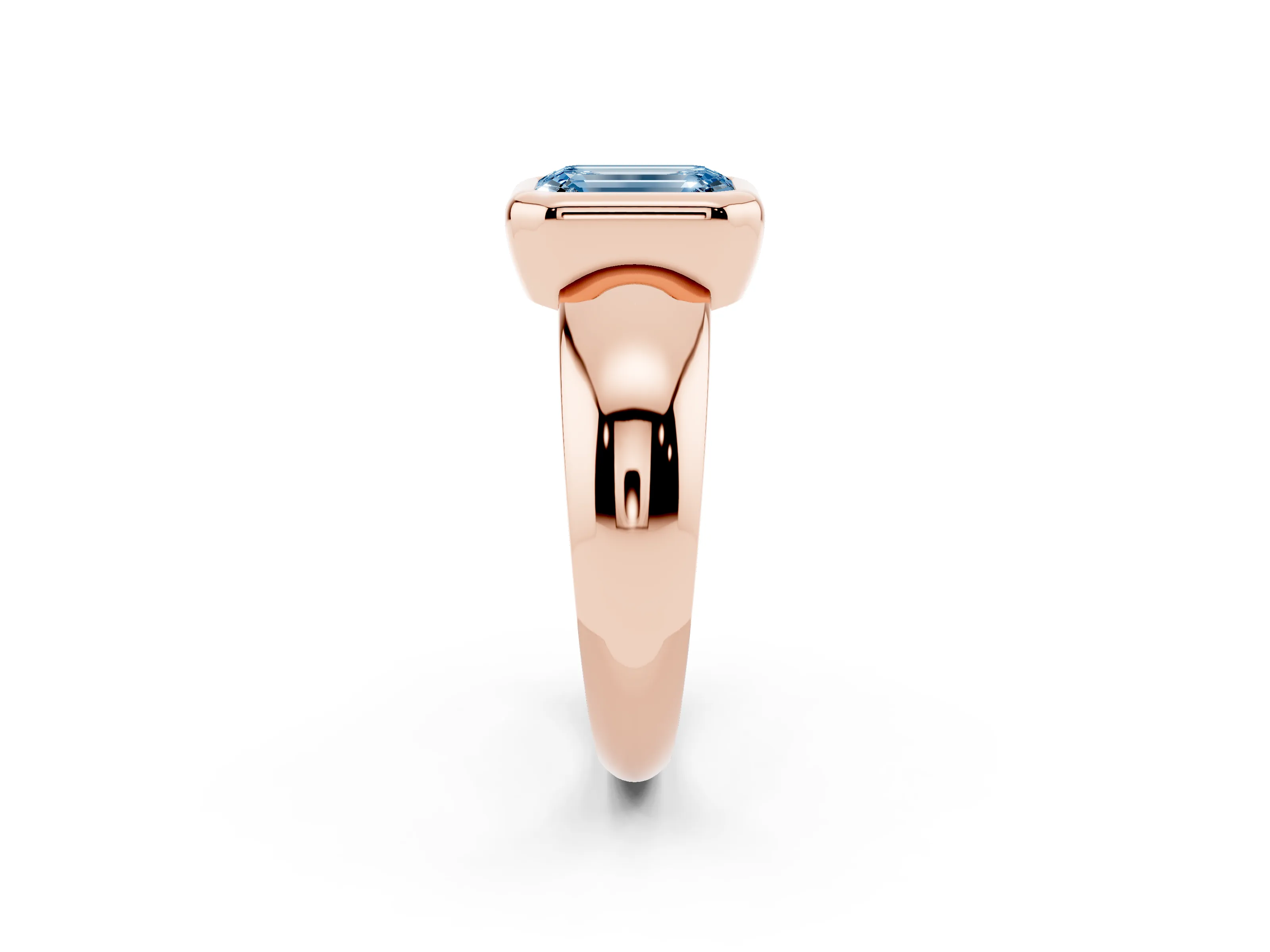 Fancy Blue Bezel Set Emerald Cut Diamond Solitaire Ring Set in Rose gold with Wide Band
