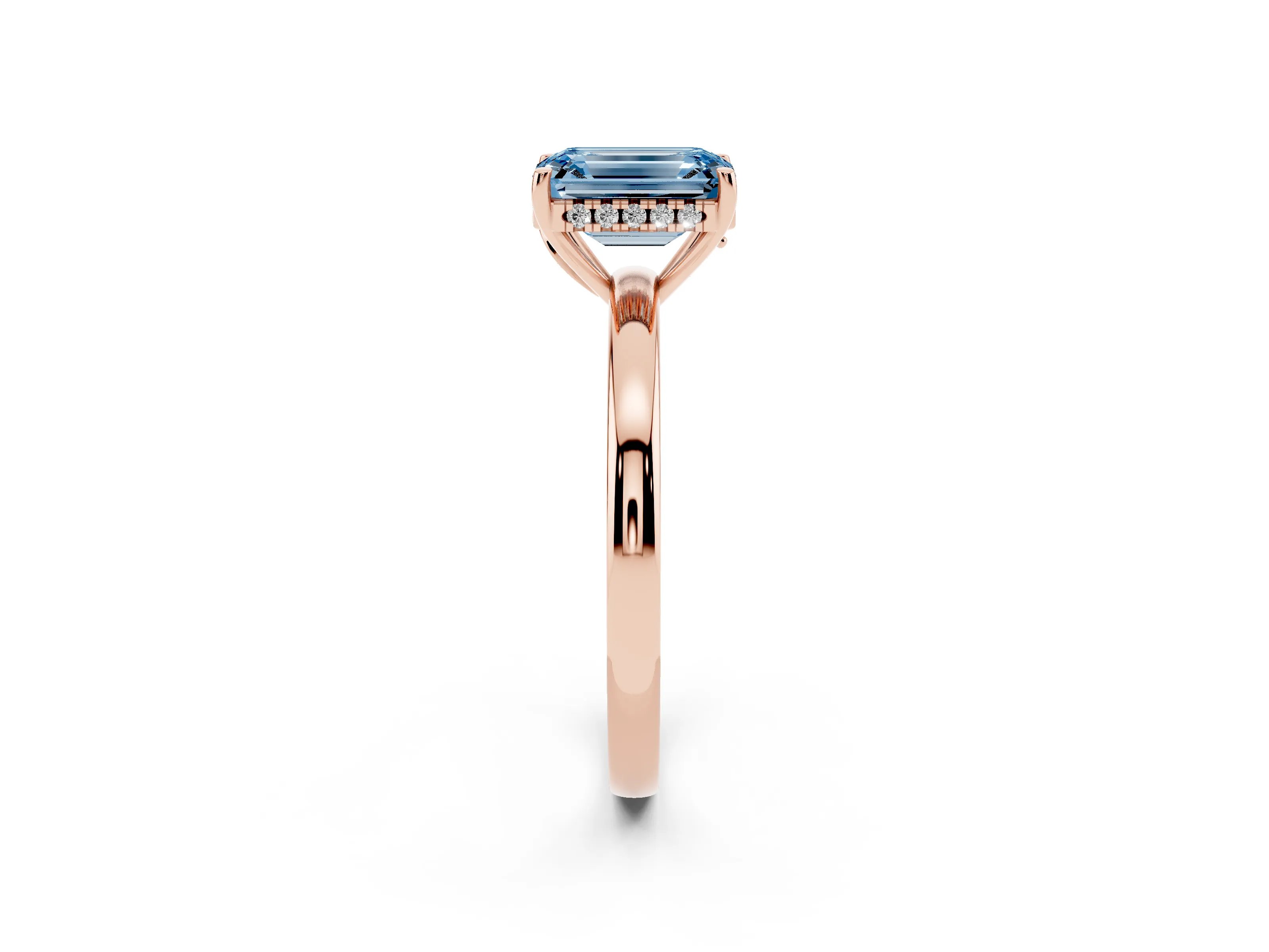 Fancy Blue Emerald Cut Diamond Solitaire Ring Set in Rose gold with Plain Band and Prong Setting