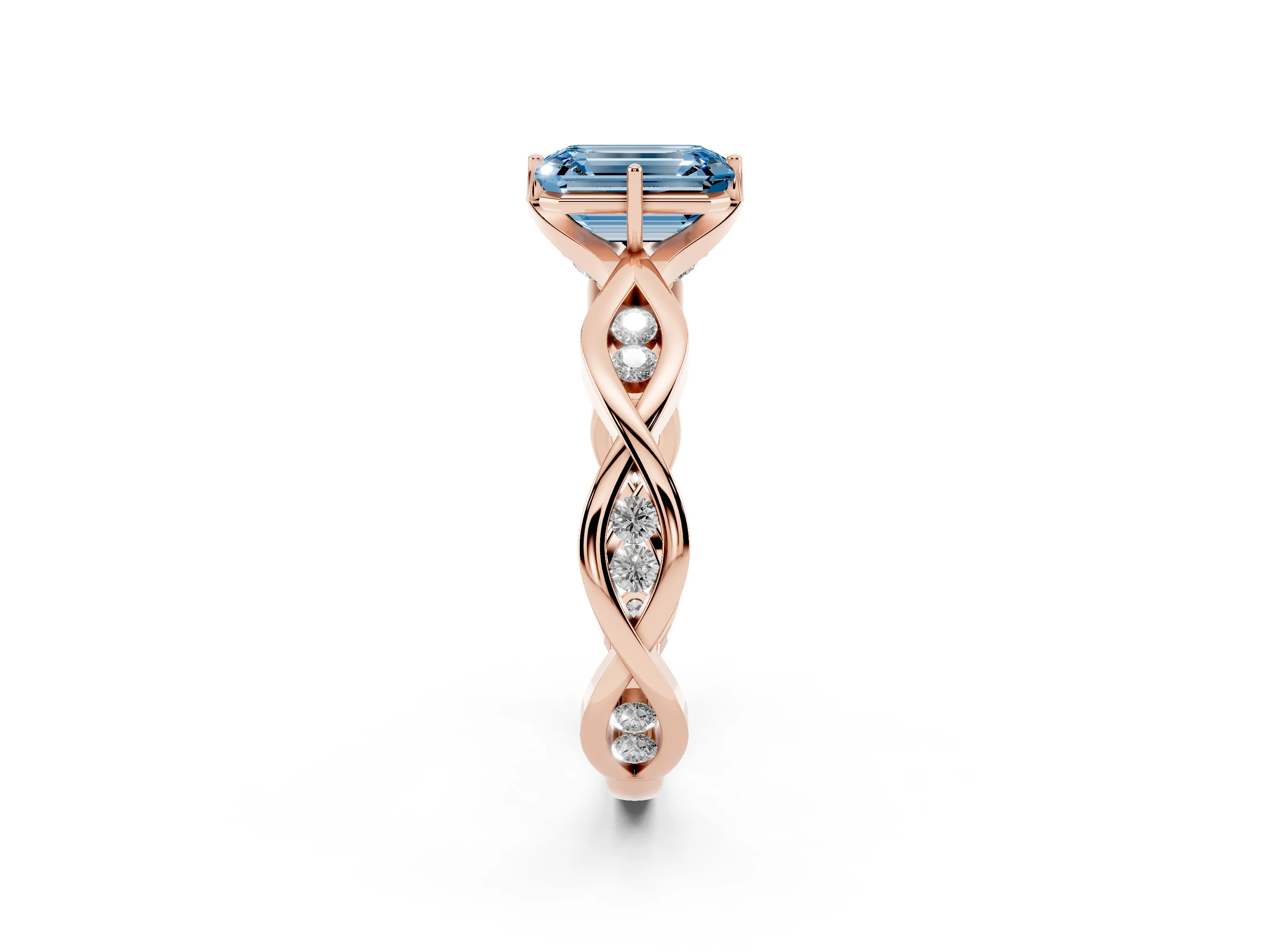 Fancy Blue Emerald Cut Diamond Twist Band Solitaire Ring Set in Rose gold with Leaf Prong Setting and Accent Stones