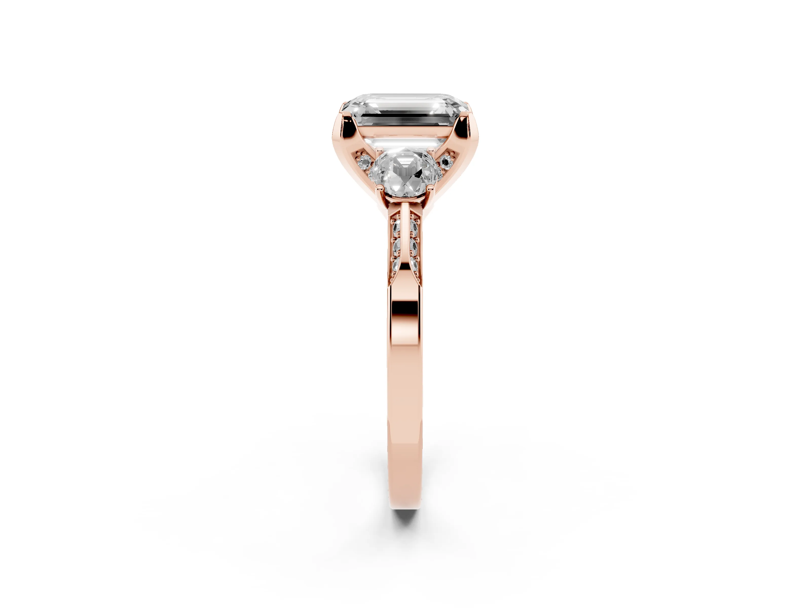 Fancy Blue Emerald Cut Diamond Three-Stone Ring Set in Rose gold with Pavé Band and Smaller Side Stones