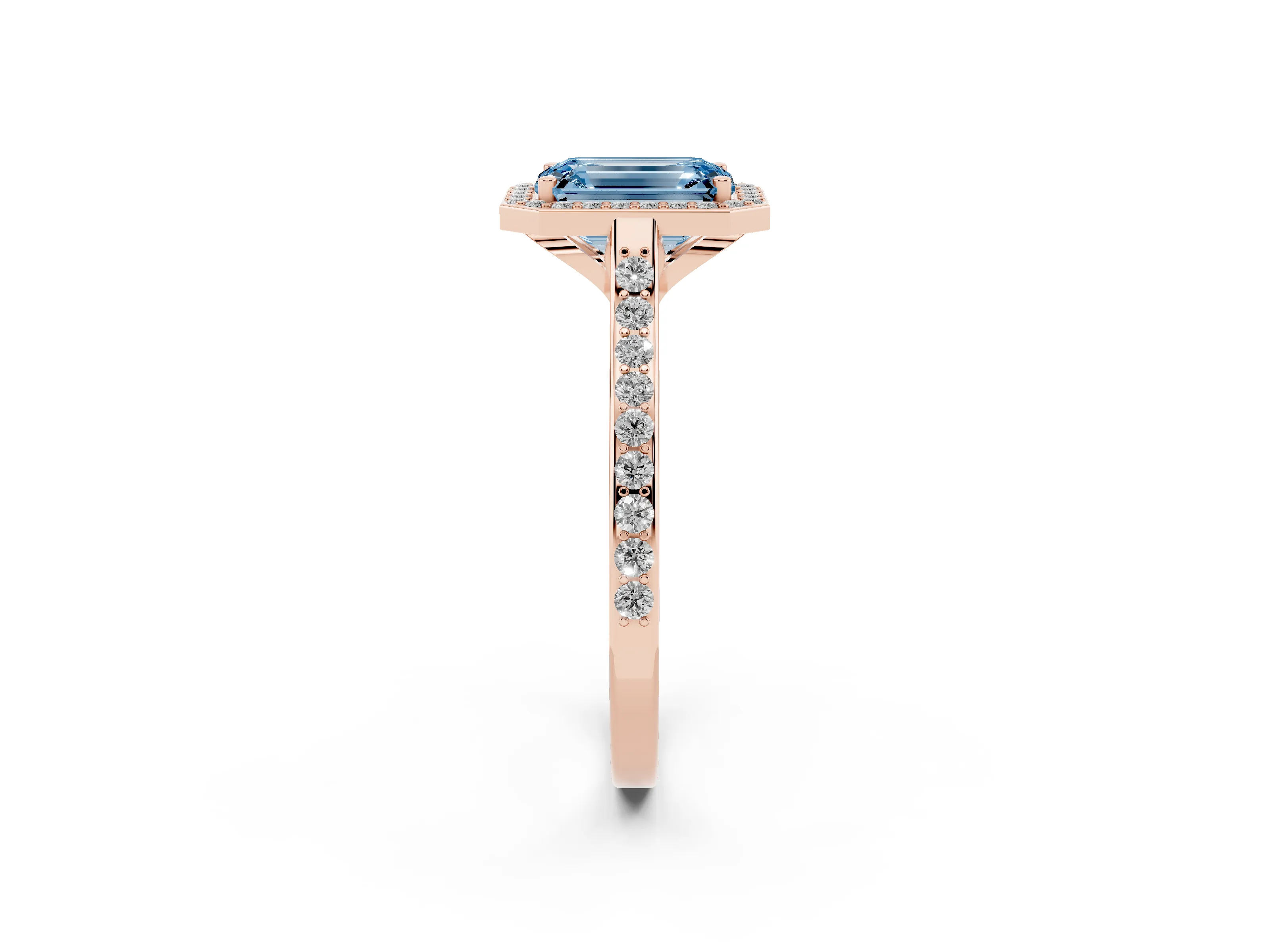 Fancy Blue Emerald Cut Diamond Halo Engagement Ring Set in Rose gold with Round Pavé Shoulders and Heart Gallery