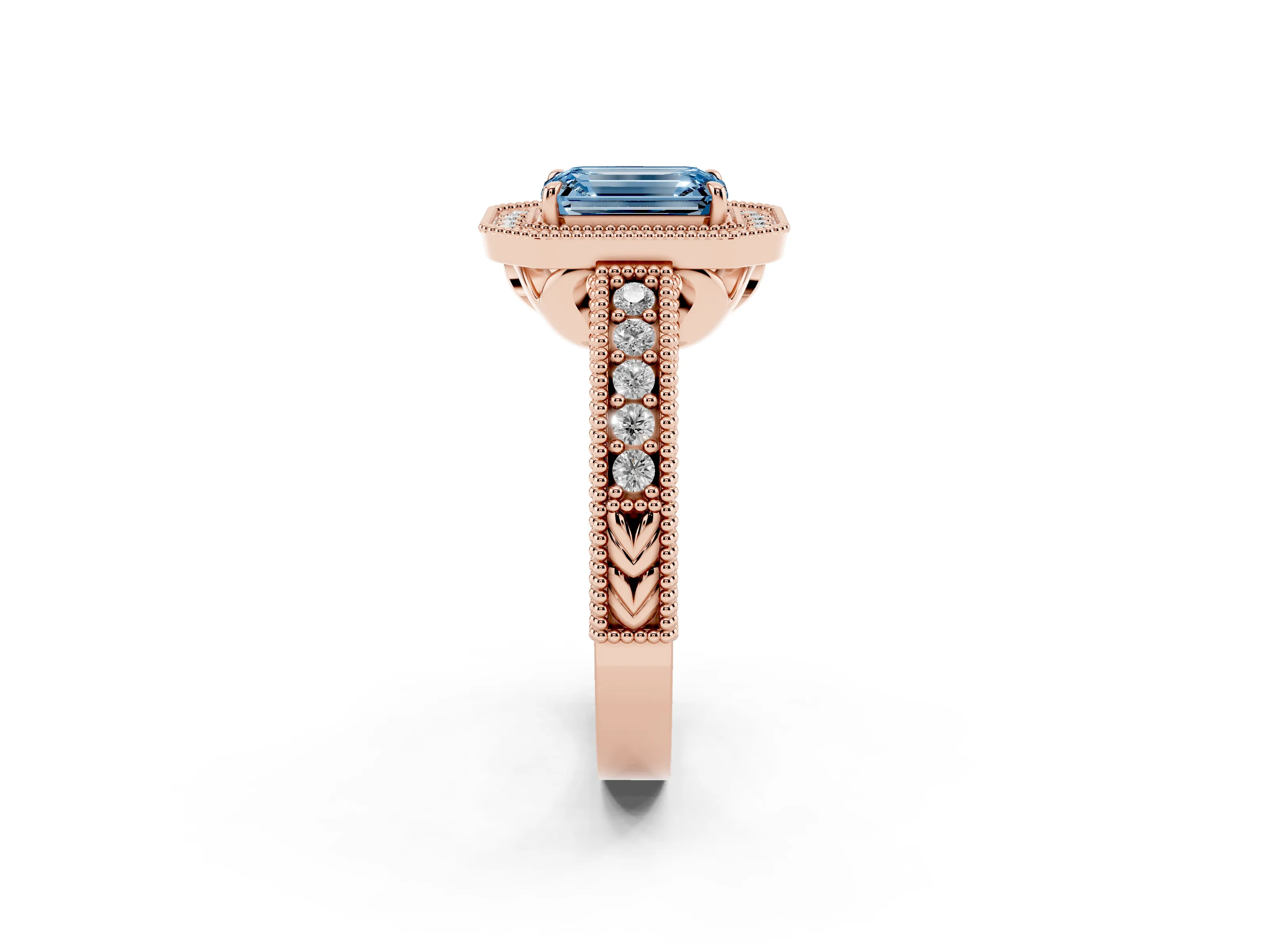 Fancy Blue Emerald Cut Diamond Halo Ring Set in Rose gold with Round Accent Halo, Pavé Band and Prong Setting