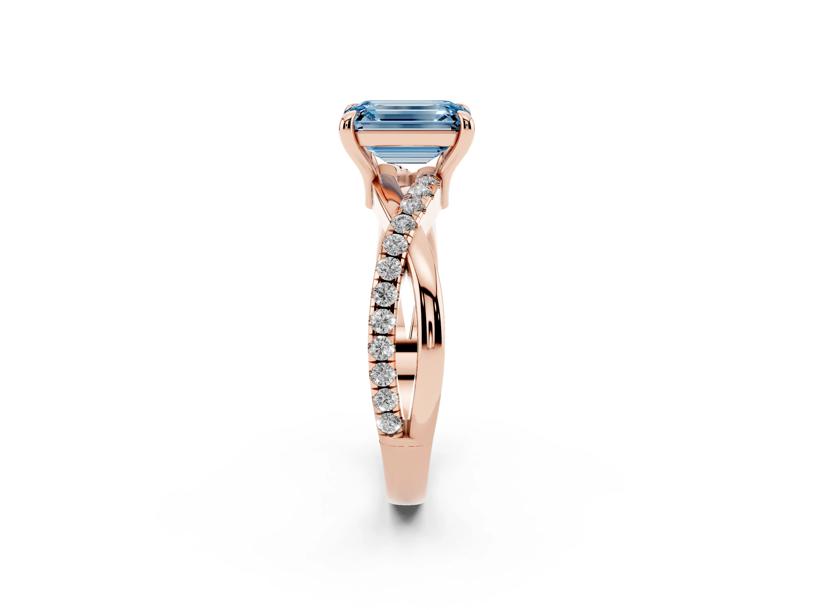 Fancy Blue Emerald Cut Diamond Twist Band Solitaire Set in Rose gold with Pavé Accents and Prong Setting