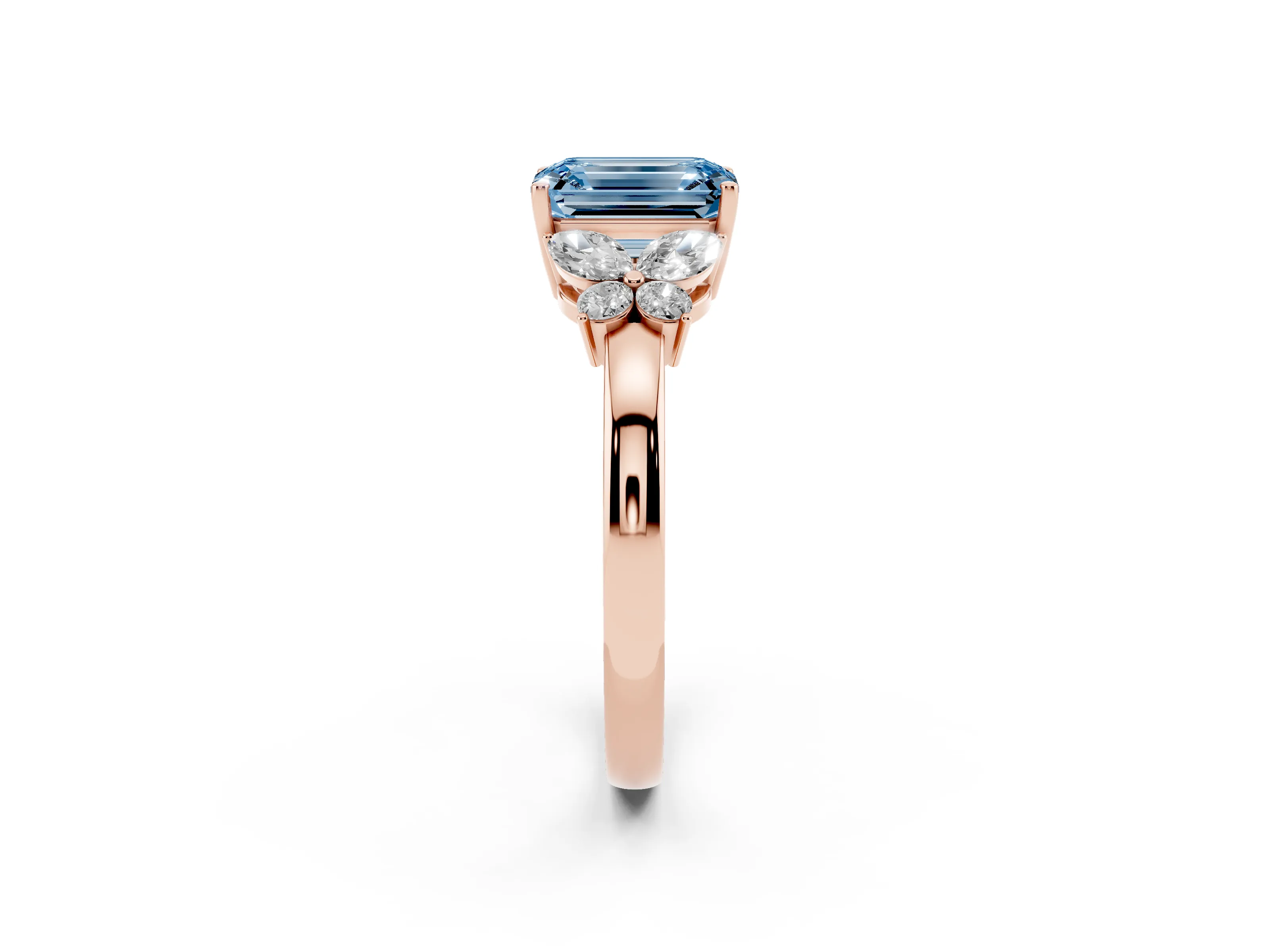Fancy Blue Emerald Cut Diamond Solitaire Floral Ring Set in Rose gold with Marquise Petals and Prong Setting