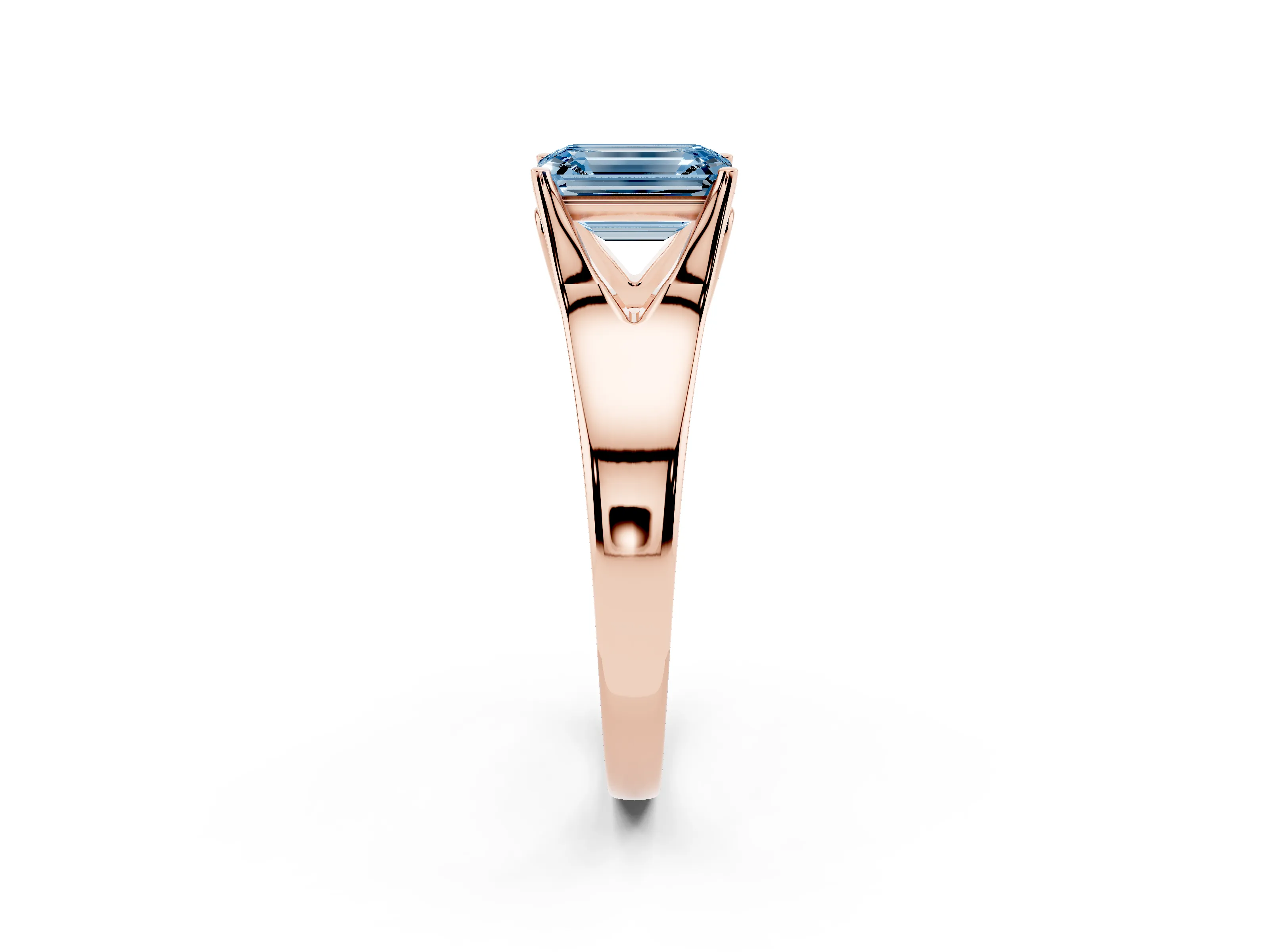 Fancy Blue Emerald Cut Diamond Solitaire Ring Set in Rose gold with Arched Cathedral Band and Prong Setting