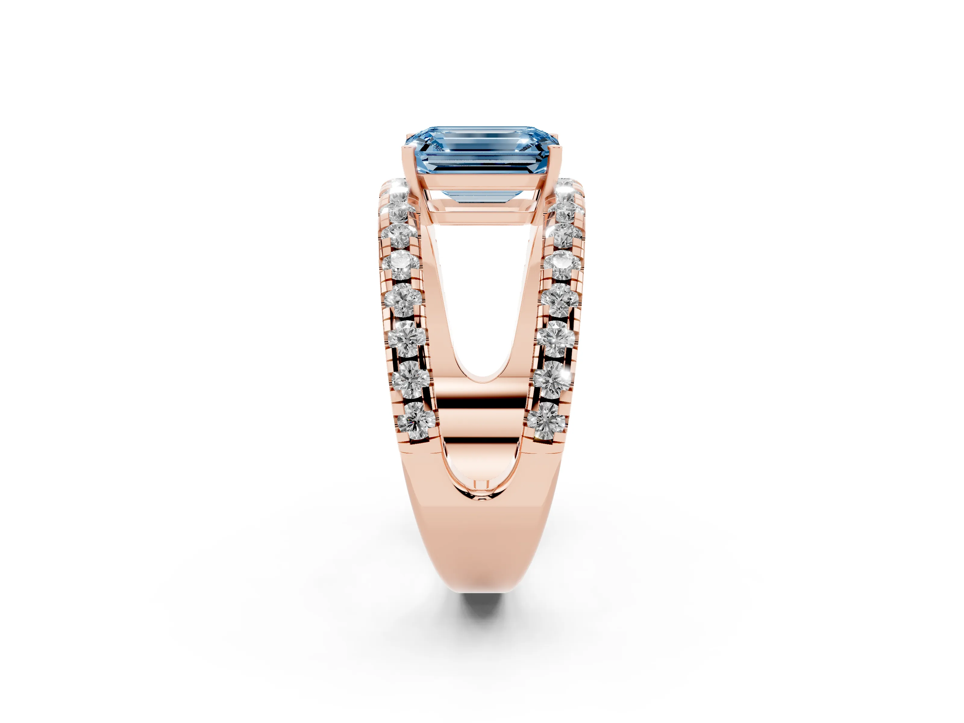 Fancy Blue Emerald Cut Diamond Split Shank Pavé Solitaire Ring Set in Rose gold with Open Shank Design