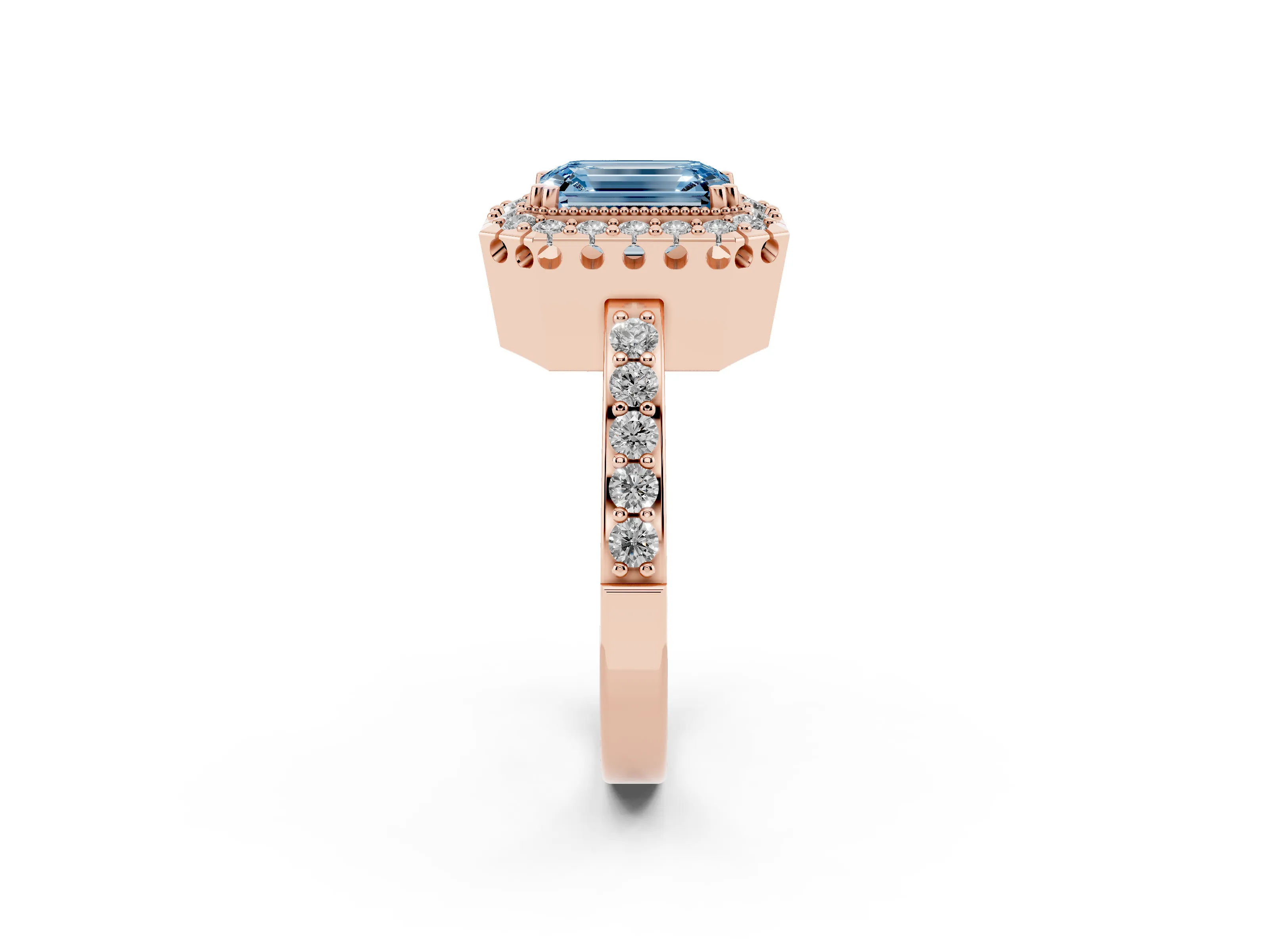Fancy Blue Emerald Cut Diamond Halo Ring Set in Rose gold with Pavé Shank and Prong Setting