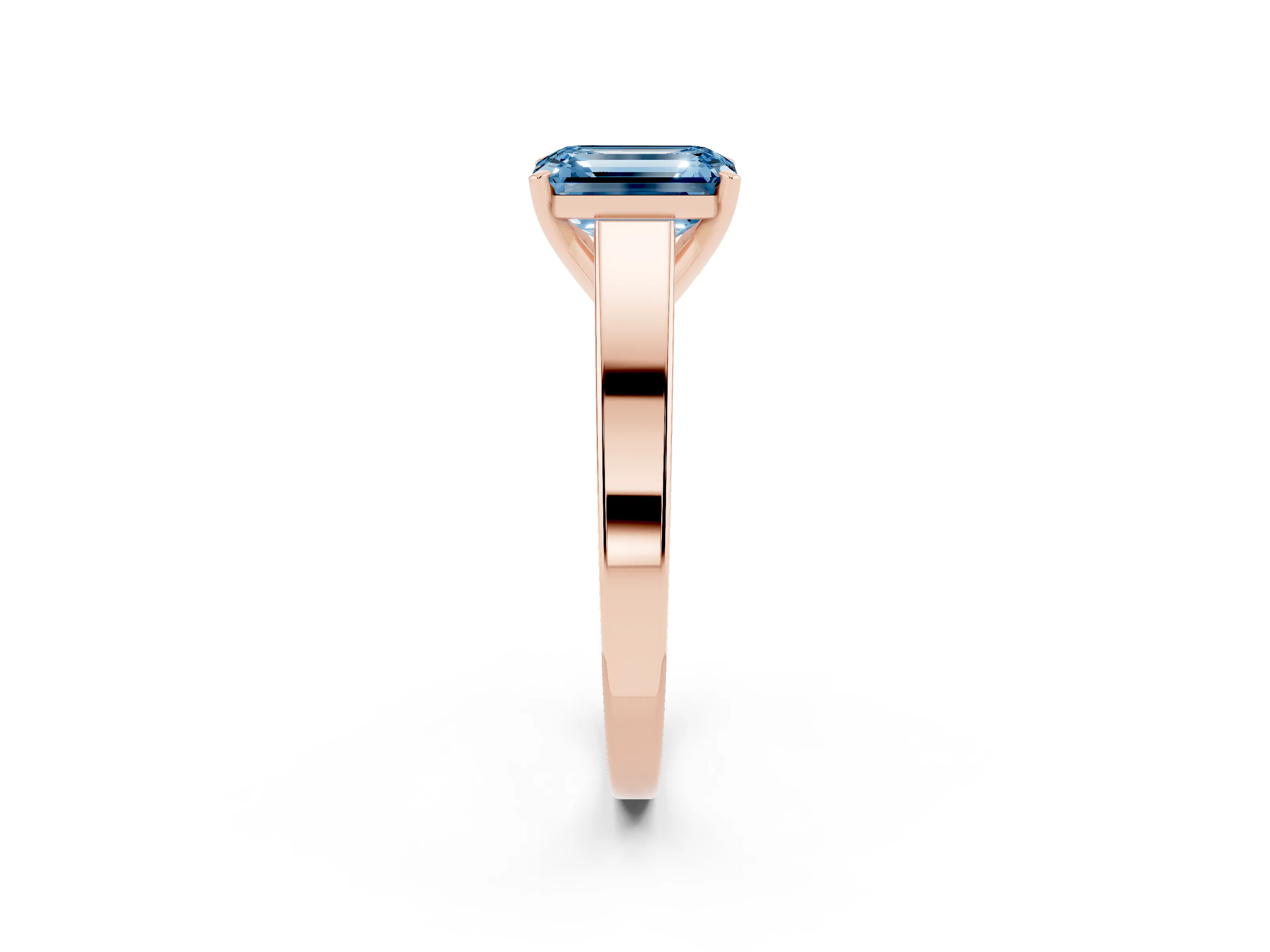 Fancy Blue Emerald Cut Diamond Solitaire Engagement Ring Set in Rose gold with Prong Setting and Tapered Band